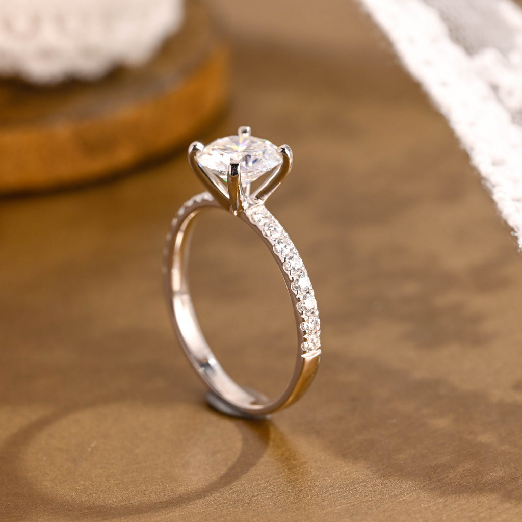 SquareJewelry round cut moissanite engagement ring Pavé 4 Prongs Round Moissanite Engagement Ring