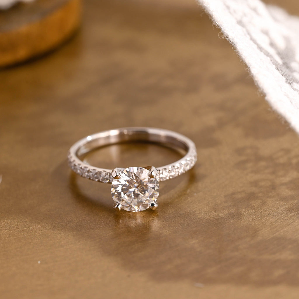 SquareJewelry round cut moissanite engagement ring Pavé 4 Prongs Round Moissanite Engagement Ring