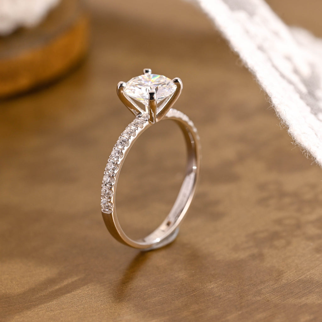 SquareJewelry round cut moissanite engagement ring Pavé 4 Prongs Round Moissanite Engagement Ring