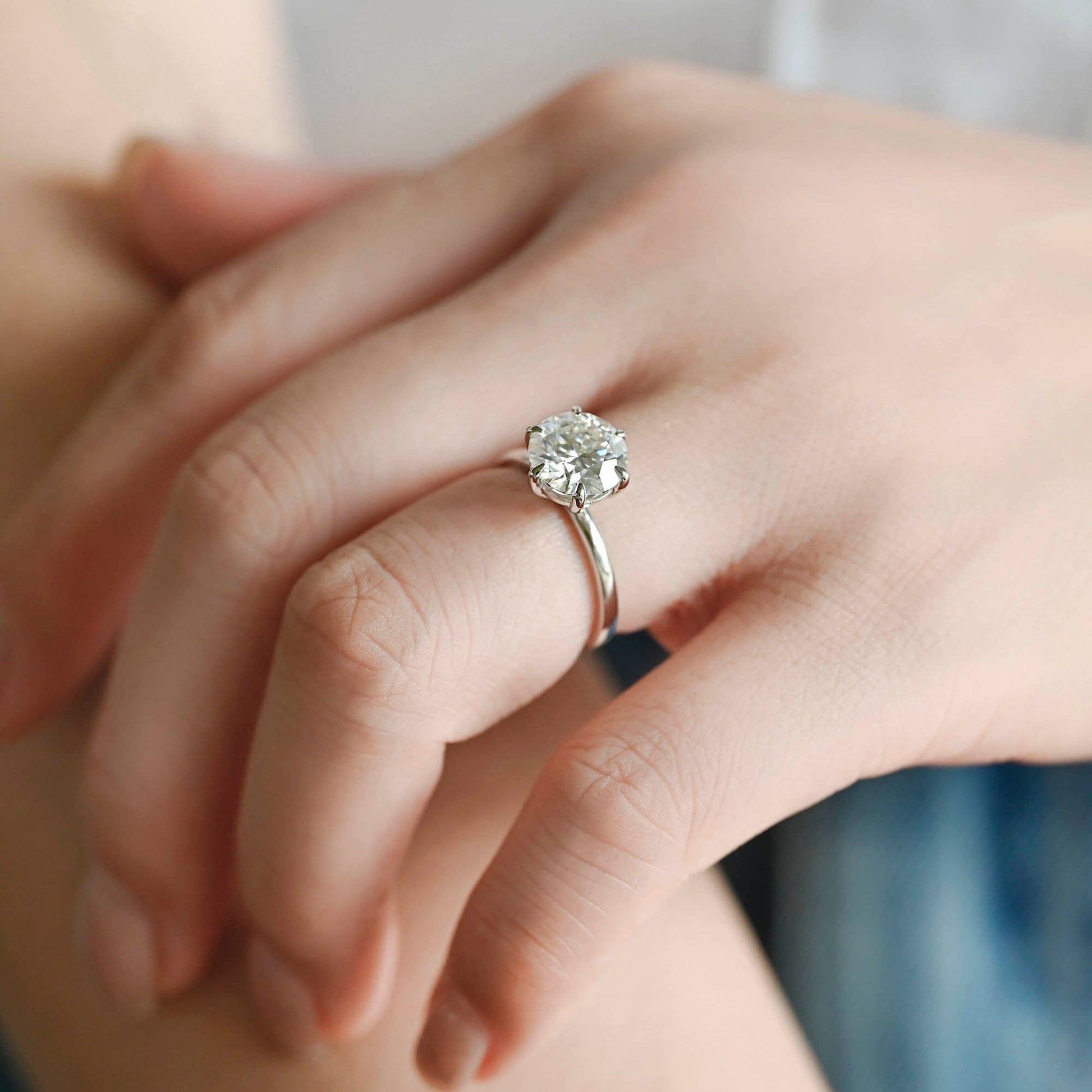 SquareJewelry round cut moissanite engagement ring Solid Gold 6 Prongs Solitaire Round Cut Moissanite Engagement Ring