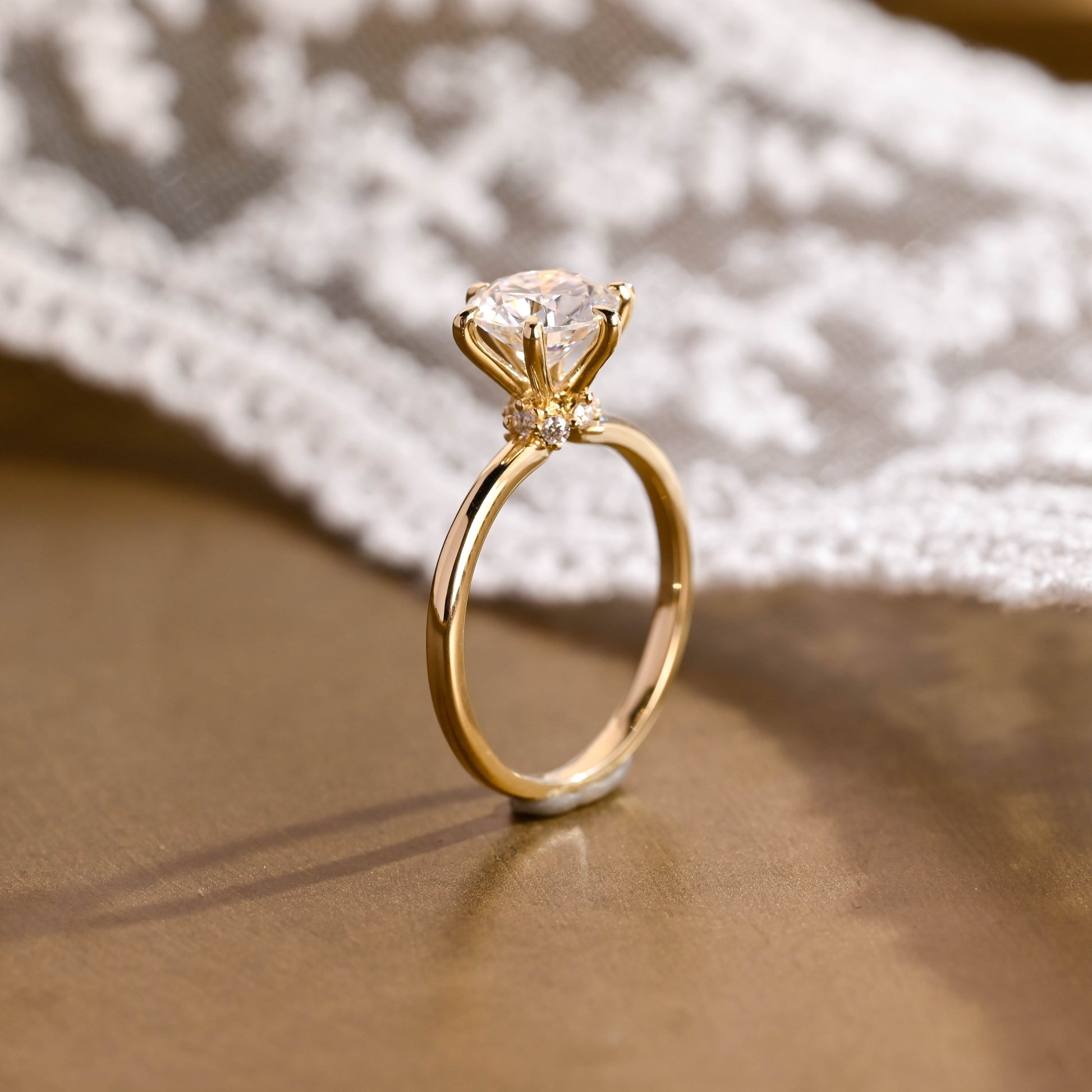 SquareJewelry round cut moissanite engagement ring Solid Gold Double Hidden Halo Round Moissanite Engagement Ring