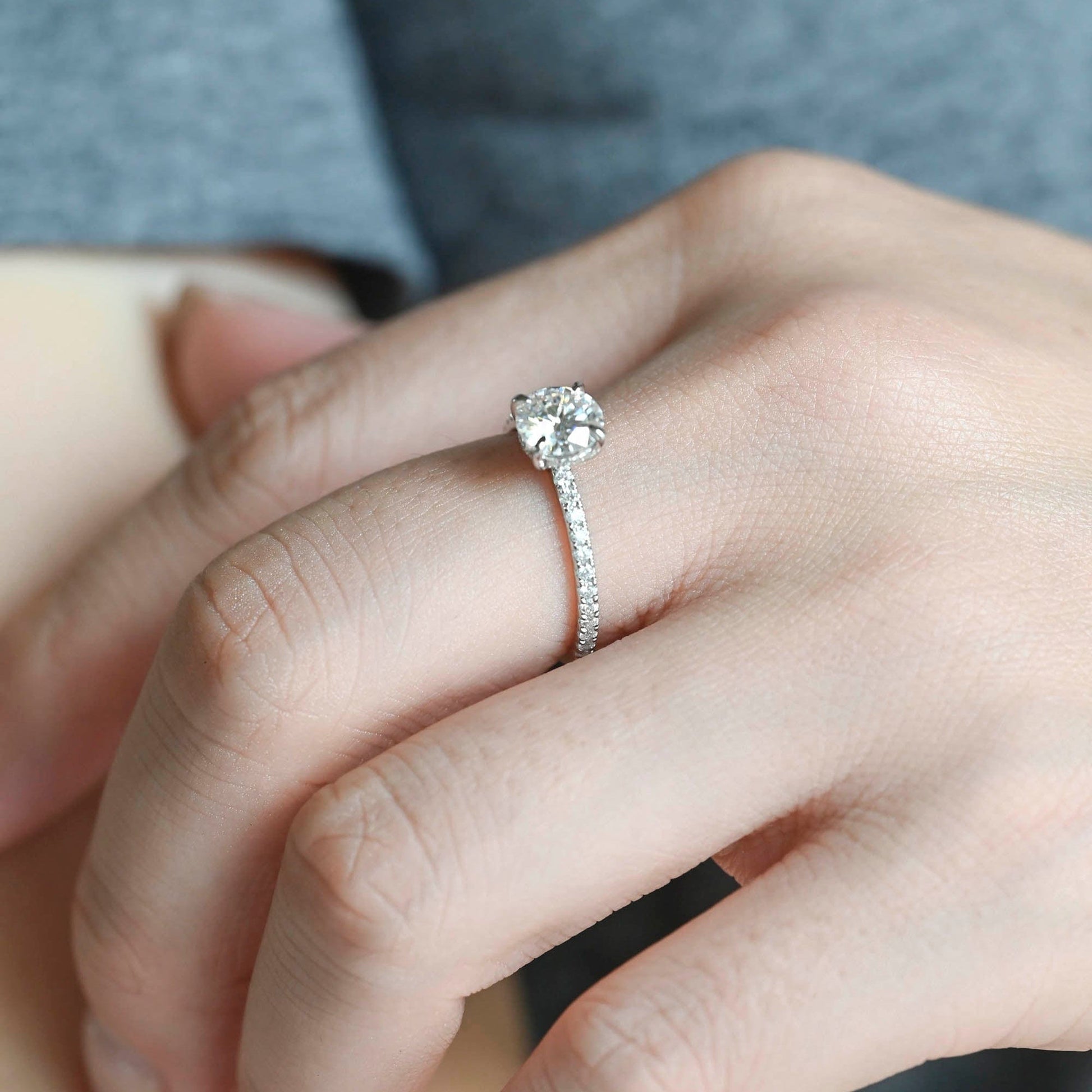 SquareJewelry round cut moissanite engagement ring Solid Gold Hidden Halo Pave Round Moissanite Engagement Ring