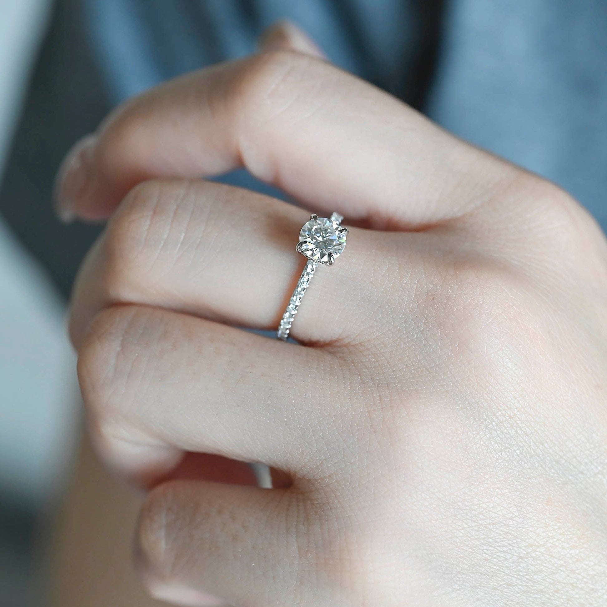 SquareJewelry round cut moissanite engagement ring Solid Gold Hidden Halo Pave Round Moissanite Engagement Ring