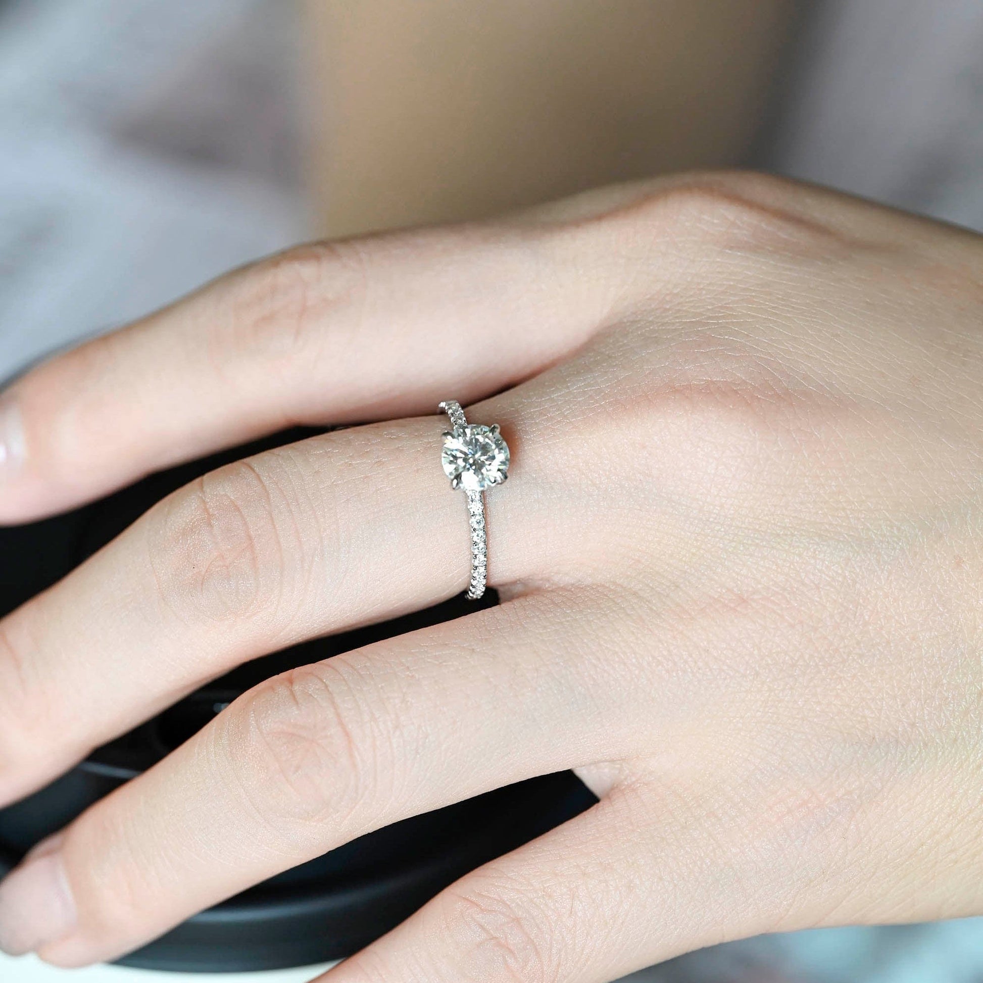SquareJewelry round cut moissanite engagement ring Solid Gold Hidden Halo Pave Round Moissanite Engagement Ring