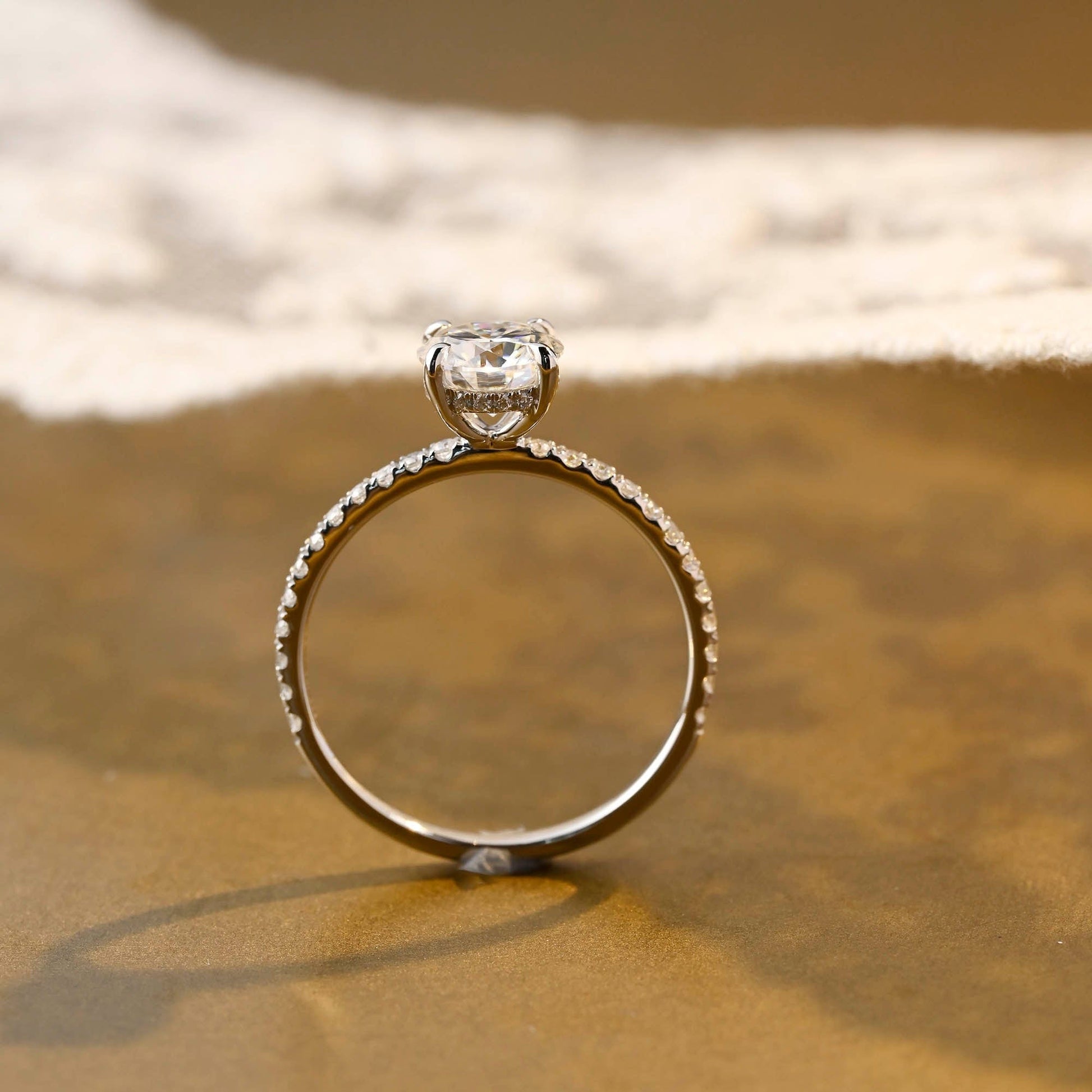 SquareJewelry round cut moissanite engagement ring Solid Gold Hidden Halo Pave Round Moissanite Engagement Ring
