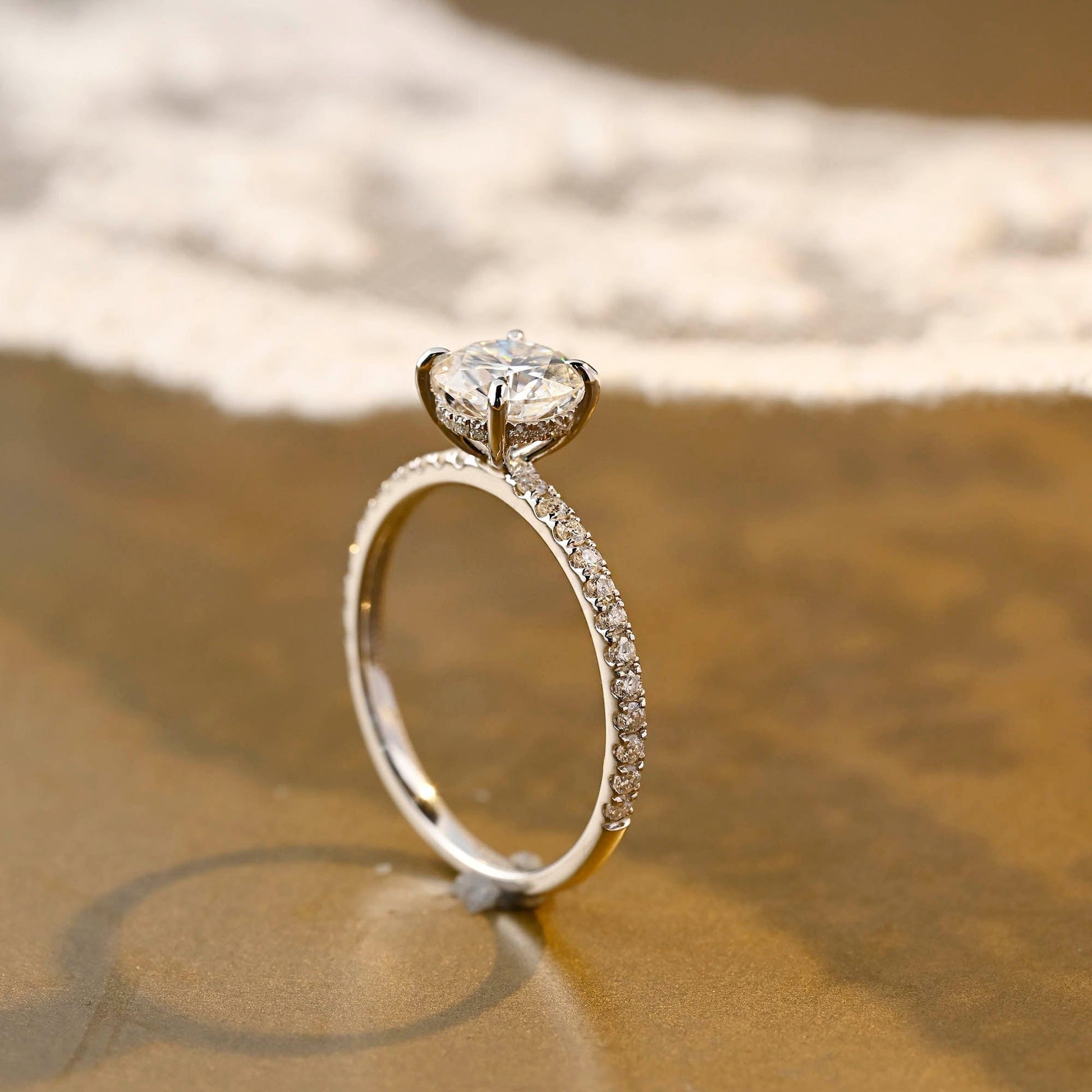 SquareJewelry round cut moissanite engagement ring Solid Gold Hidden Halo Pave Round Moissanite Engagement Ring