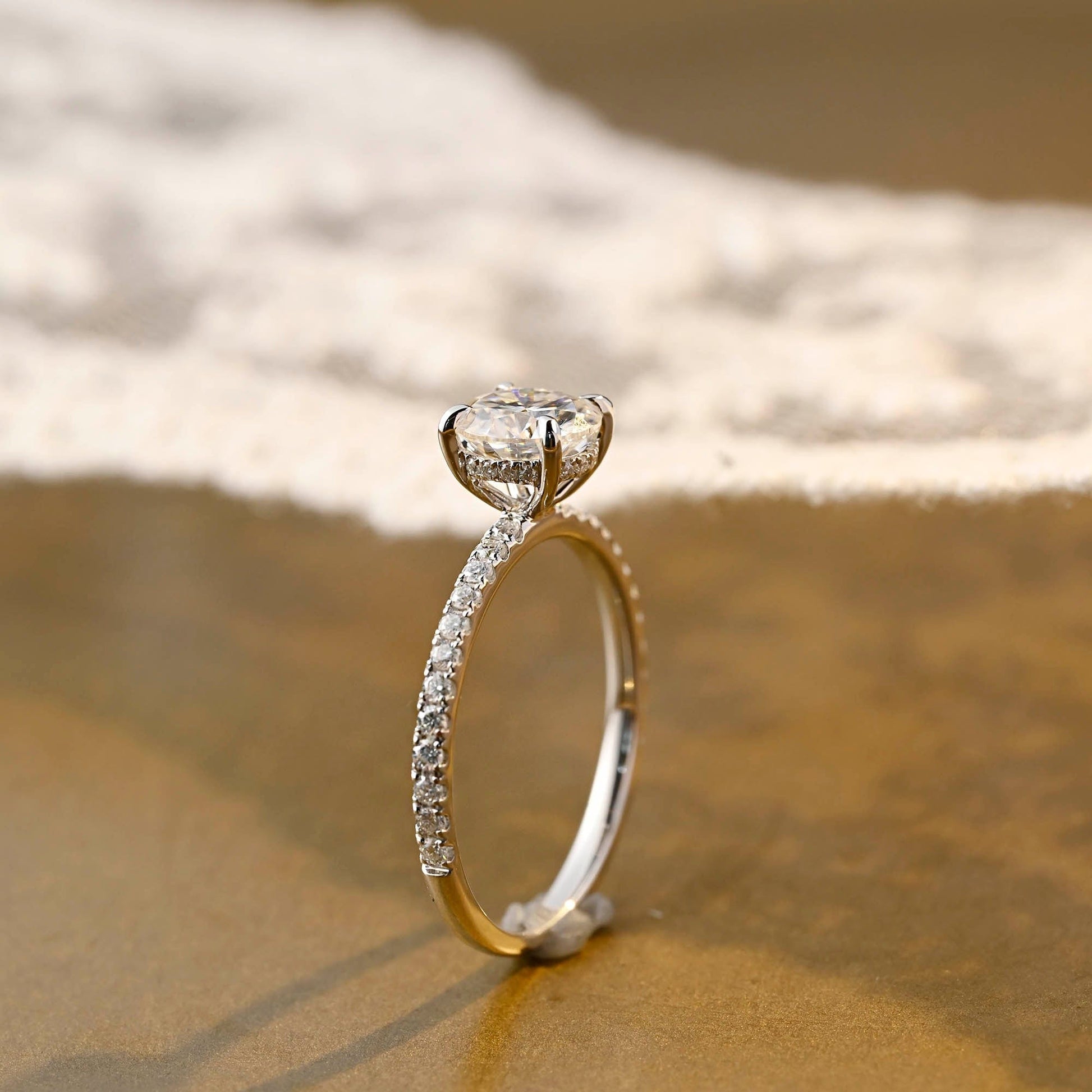 SquareJewelry round cut moissanite engagement ring Solid Gold Hidden Halo Pave Round Moissanite Engagement Ring