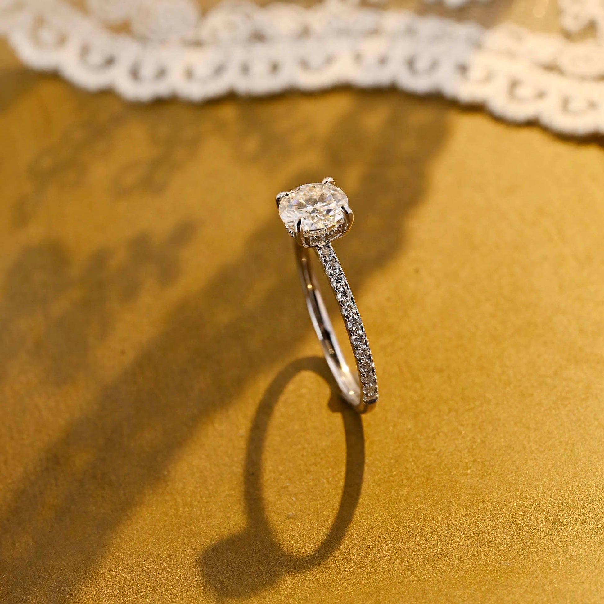 SquareJewelry round cut moissanite engagement ring Solid Gold Hidden Halo Pave Round Moissanite Engagement Ring