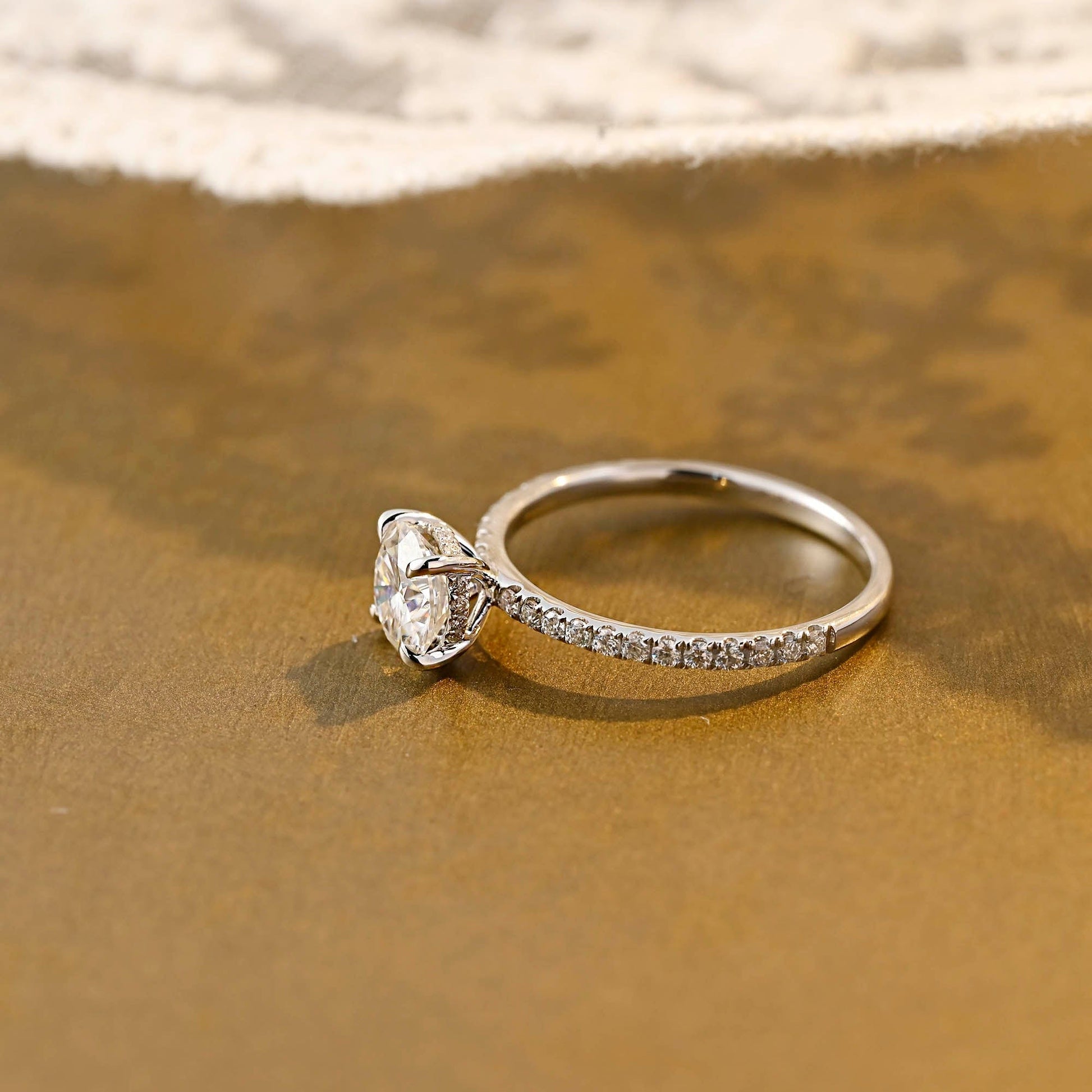 SquareJewelry round cut moissanite engagement ring Solid Gold Hidden Halo Pave Round Moissanite Engagement Ring