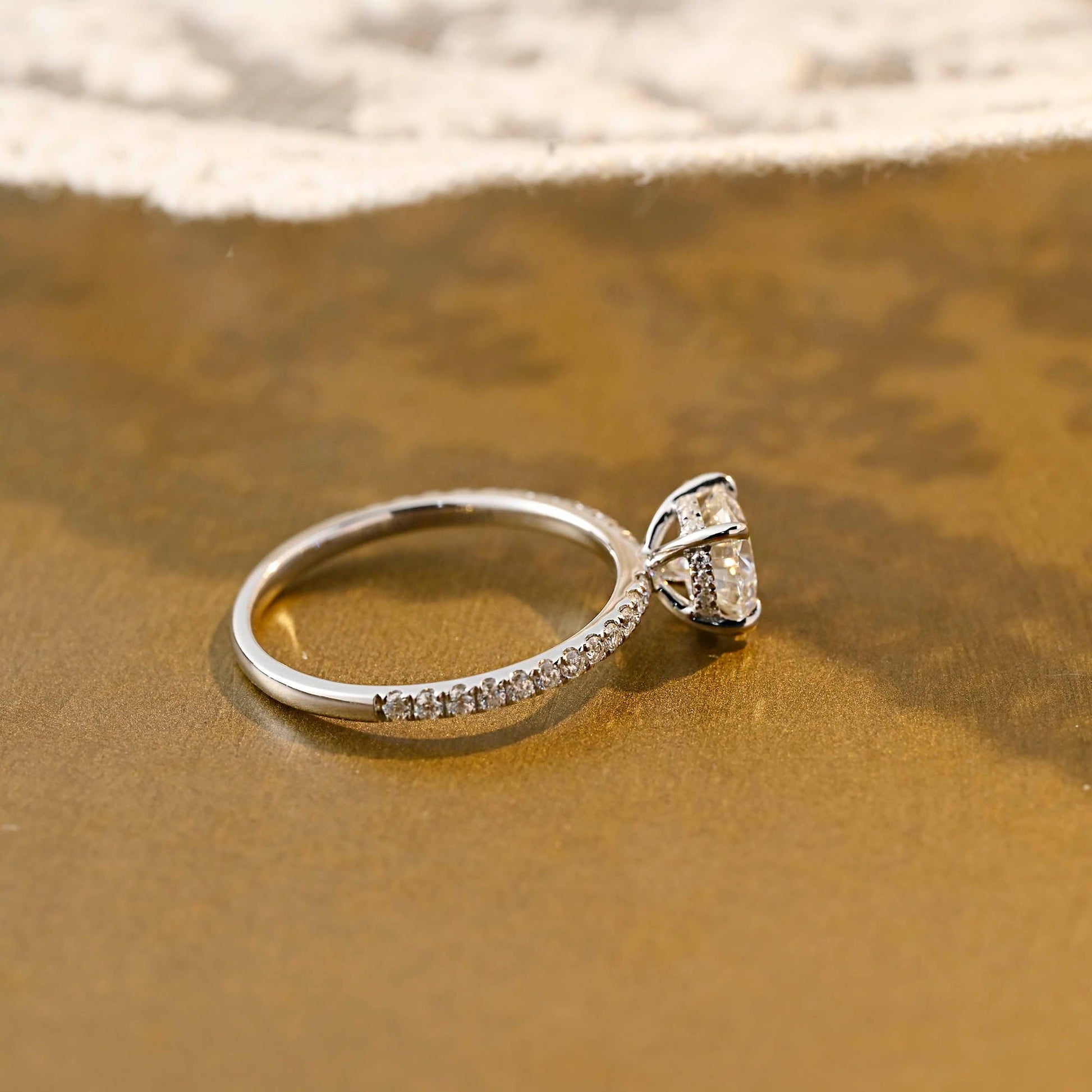 SquareJewelry round cut moissanite engagement ring Solid Gold Hidden Halo Pave Round Moissanite Engagement Ring