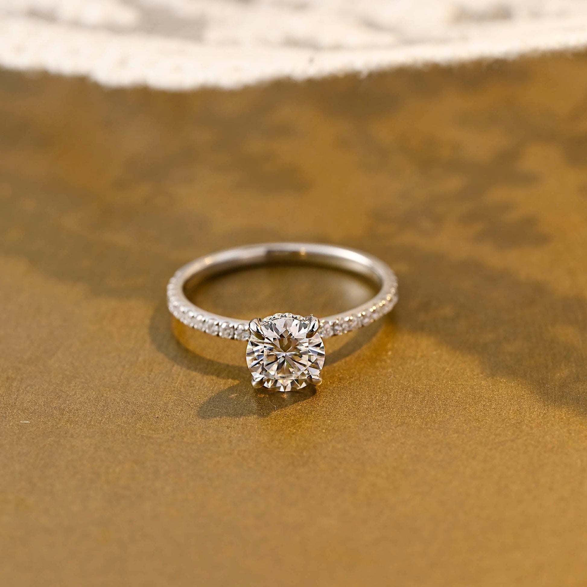 SquareJewelry round cut moissanite engagement ring Solid Gold Hidden Halo Pave Round Moissanite Engagement Ring