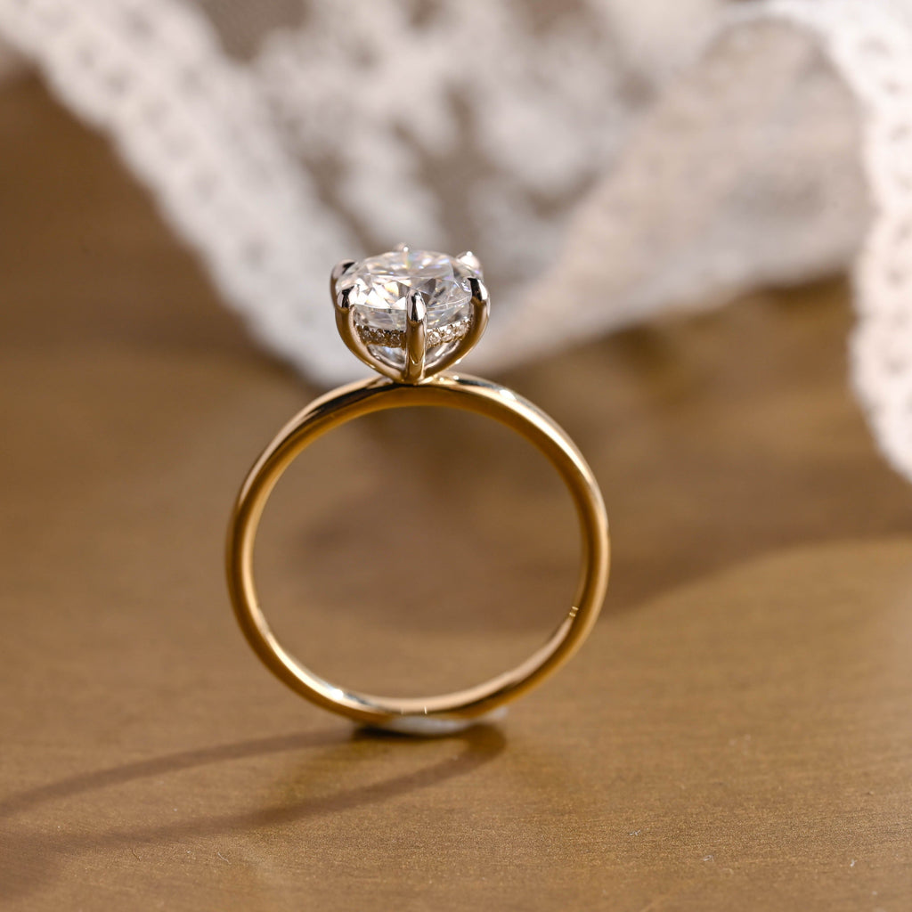 SquareJewelry round cut moissanite engagement ring Solid Gold Hidden Halo Round Moissanite Engagement Ring
