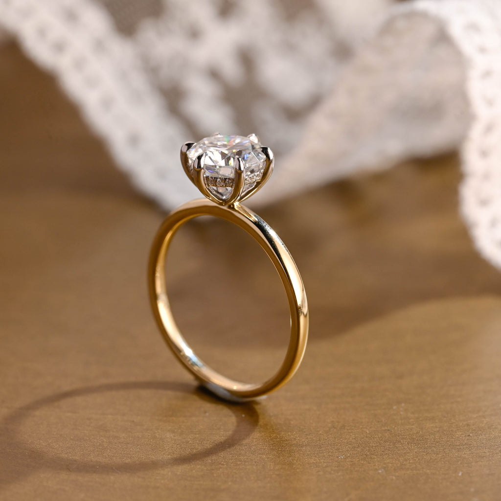 SquareJewelry round cut moissanite engagement ring Solid Gold Hidden Halo Round Moissanite Engagement Ring