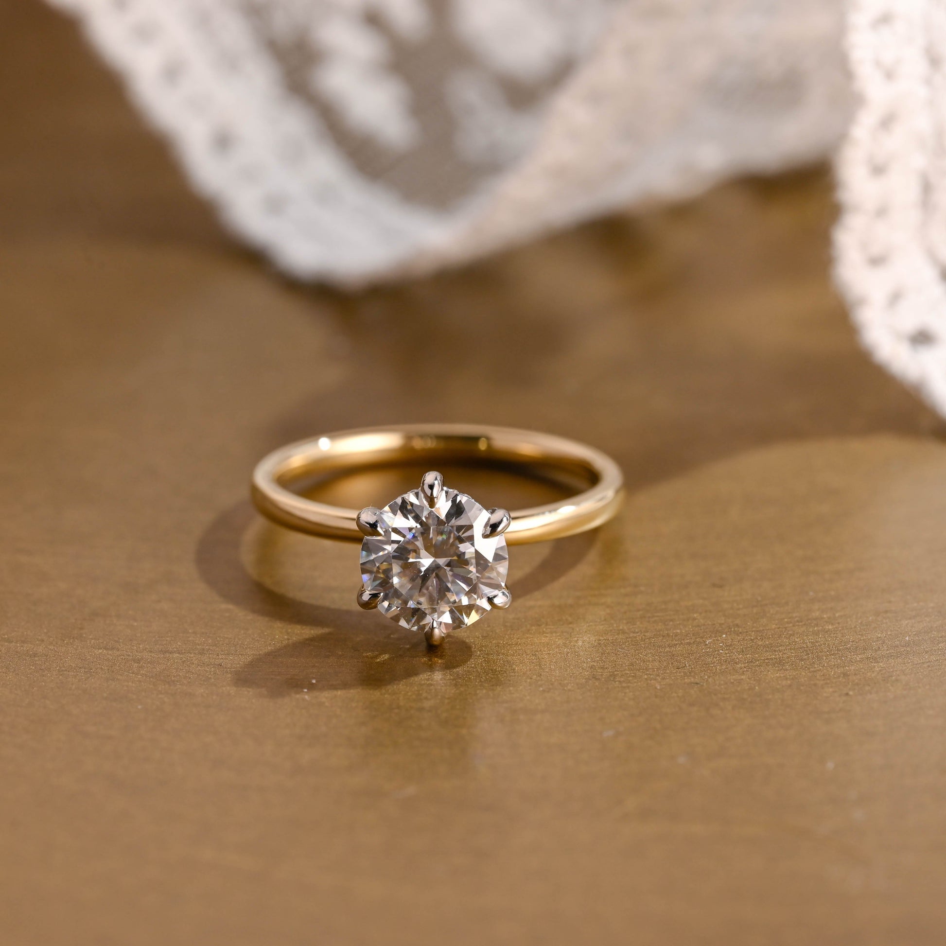SquareJewelry round cut moissanite engagement ring Solid Gold Hidden Halo Round Moissanite Engagement Ring