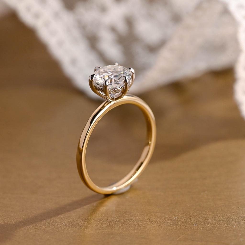 SquareJewelry round cut moissanite engagement ring Solid Gold Hidden Halo Round Moissanite Engagement Ring