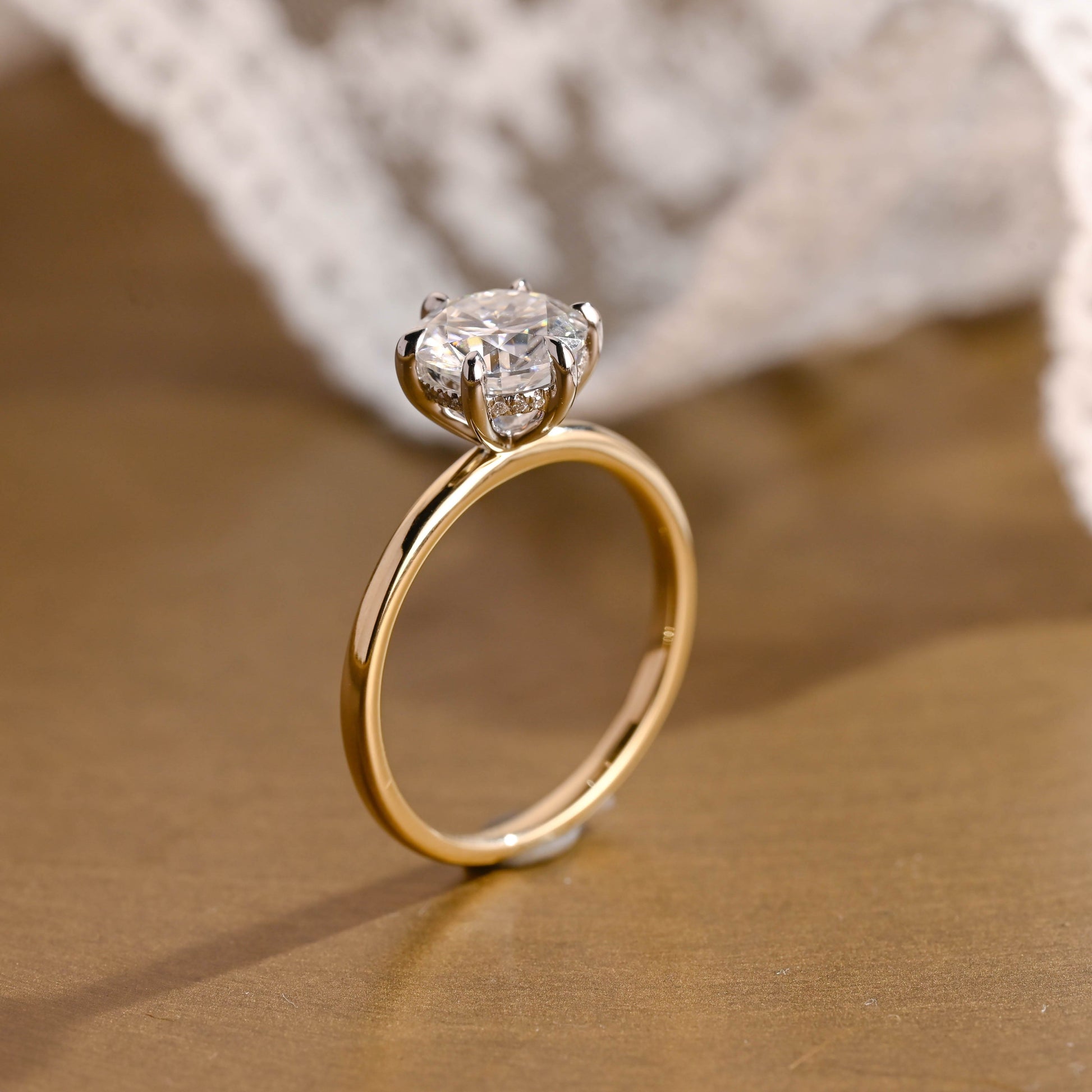 SquareJewelry round cut moissanite engagement ring Solid Gold Hidden Halo Round Moissanite Engagement Ring