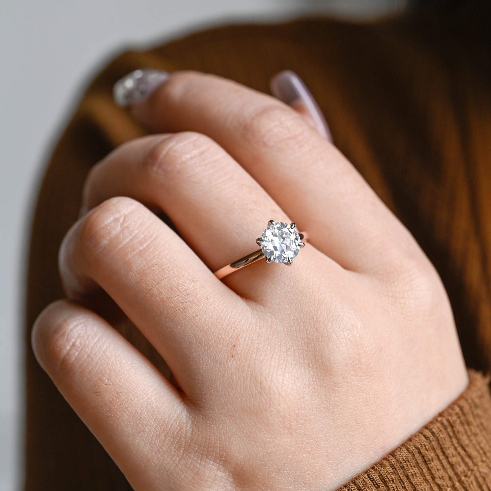 SquareJewelry round cut moissanite engagement ring Solid Gold Hidden Halo Round Moissanite Engagement Ring