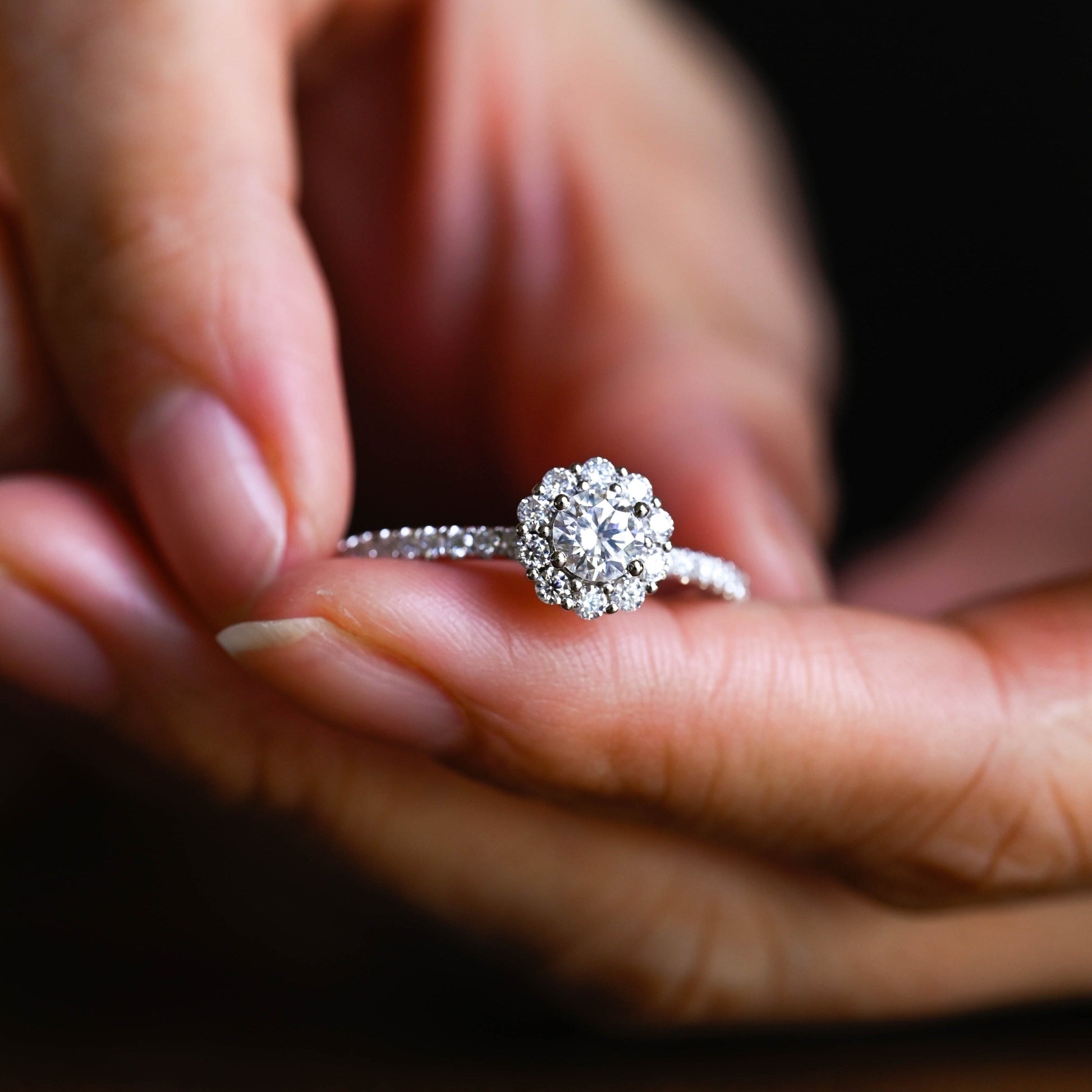 SquareJewelry round cut moissanite engagement ring Solid Gold Pave Floral Halo Round Cut Moissanite Engagement Ring