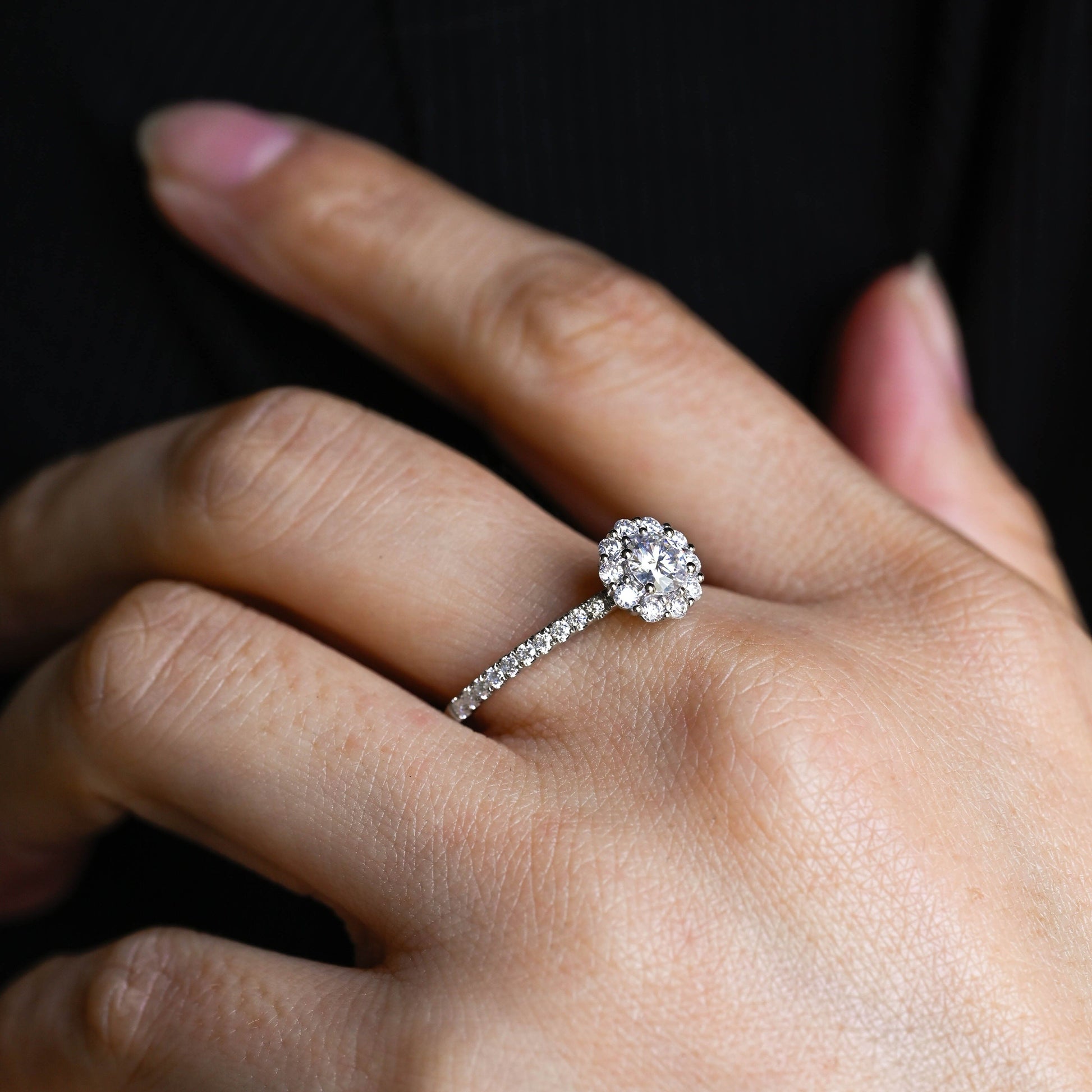 SquareJewelry round cut moissanite engagement ring Solid Gold Pave Floral Halo Round Cut Moissanite Engagement Ring