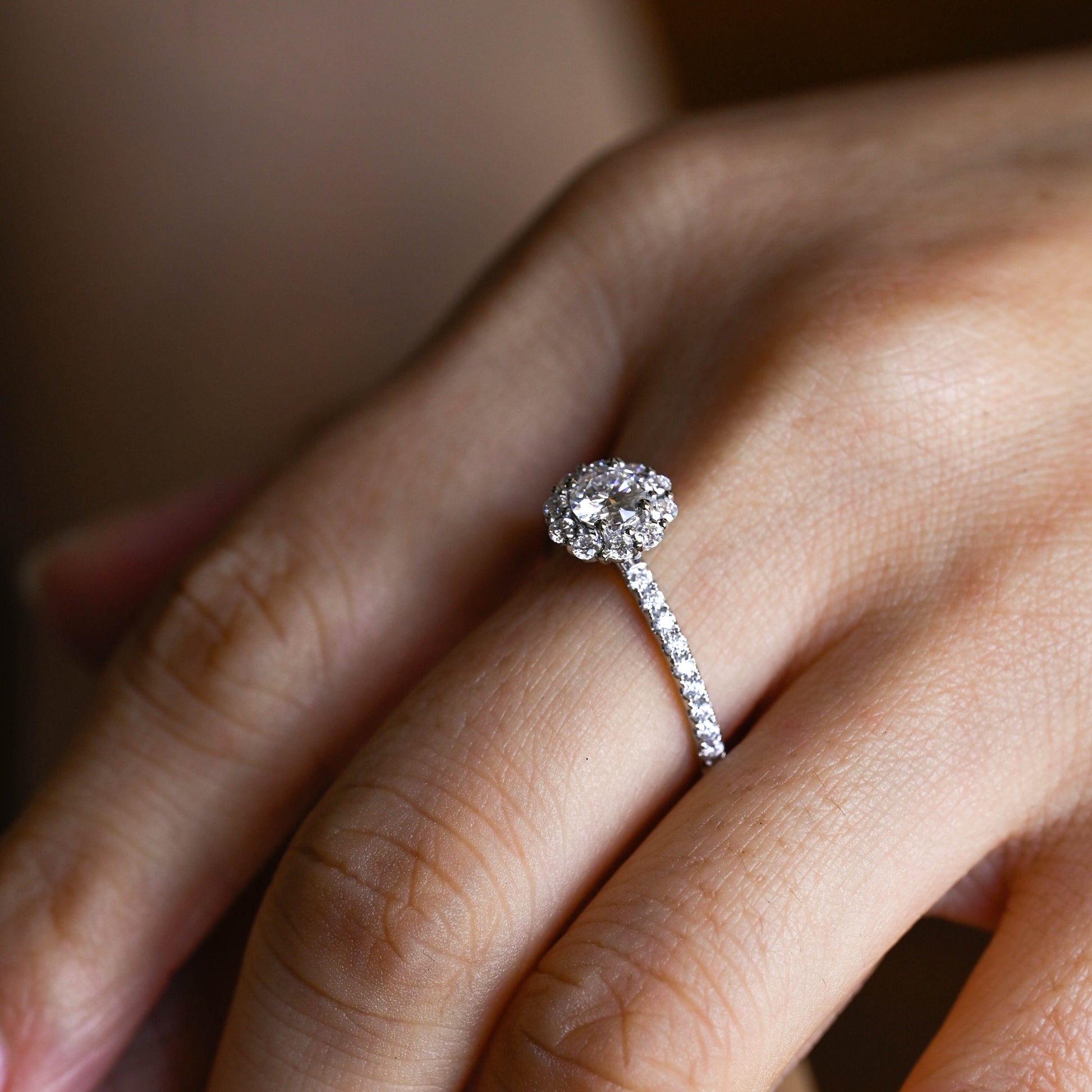 SquareJewelry round cut moissanite engagement ring Solid Gold Pave Floral Halo Round Cut Moissanite Engagement Ring