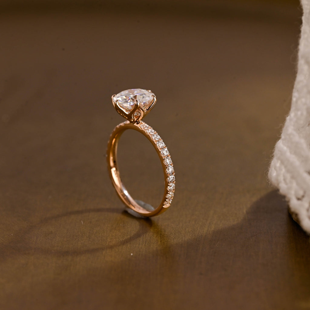SquareJewelry round cut moissanite engagement ring Solid Gold Pave Tulip Round Rose Cut Moissanite Engagement Ring