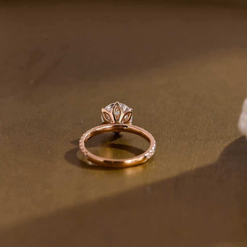 SquareJewelry round cut moissanite engagement ring Solid Gold Pave Tulip Round Rose Cut Moissanite Engagement Ring