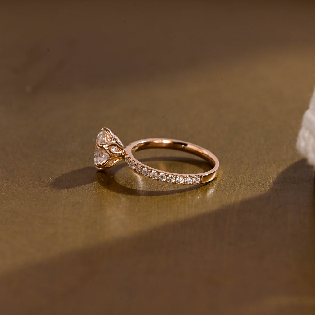 SquareJewelry round cut moissanite engagement ring Solid Gold Pave Tulip Round Rose Cut Moissanite Engagement Ring