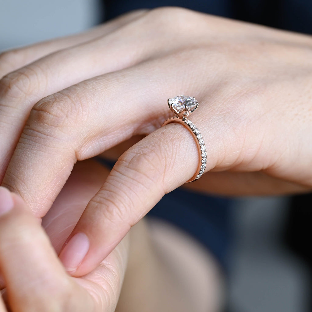 SquareJewelry round cut moissanite engagement ring Solid Gold Pave Tulip Round Rose Cut Moissanite Engagement Ring