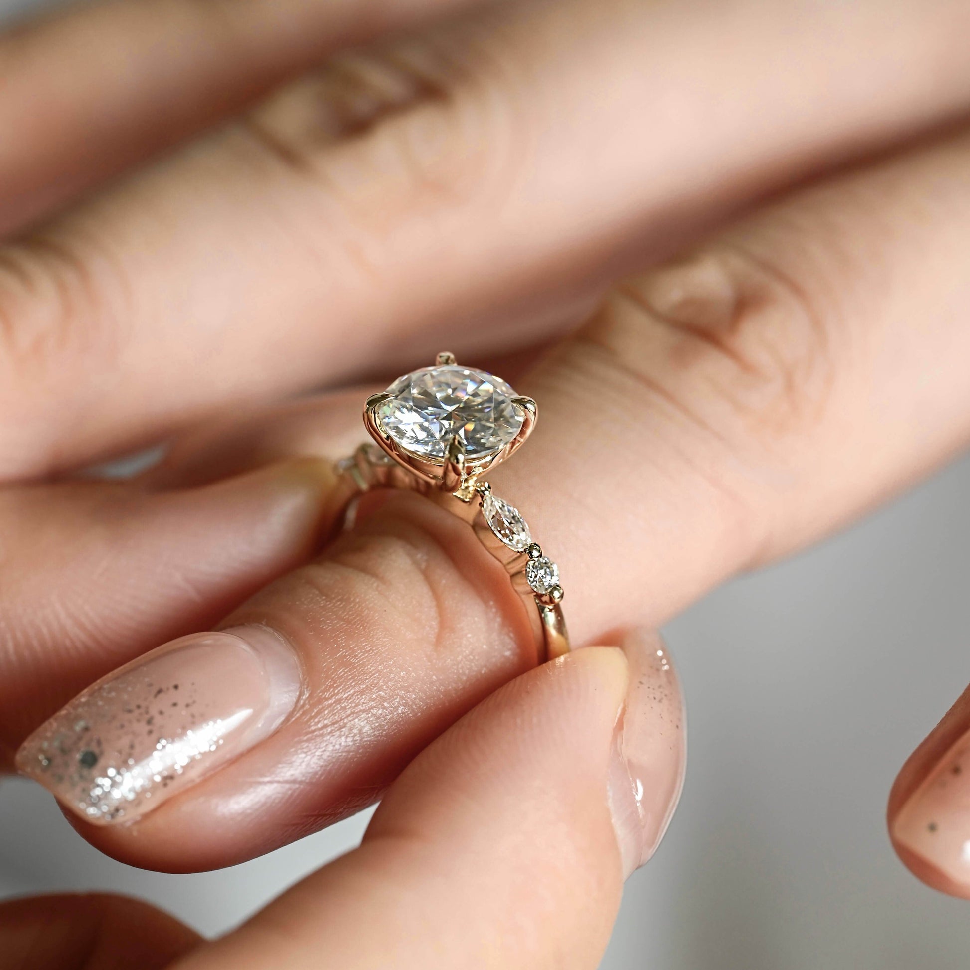 SquareJewelry round cut moissanite engagement ring Solid Gold Round Cut Moissanite Engagement Ring with Accent Marquise