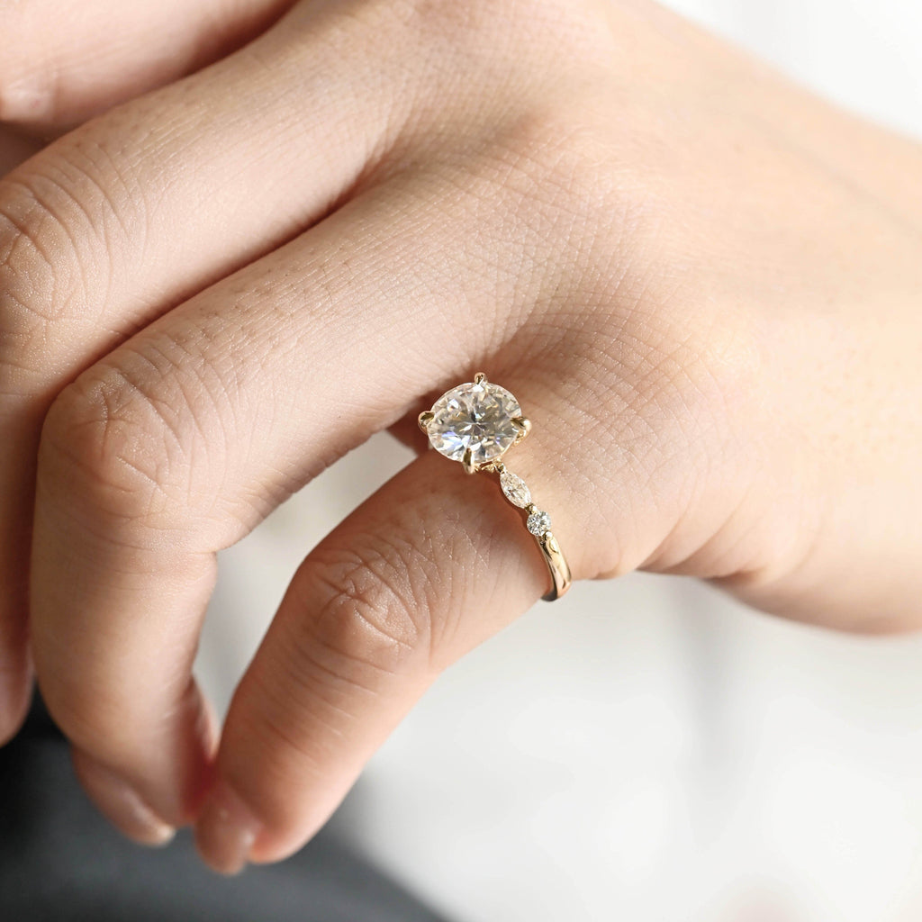 SquareJewelry round cut moissanite engagement ring Solid Gold Round Cut Moissanite Engagement Ring with Accent Marquise