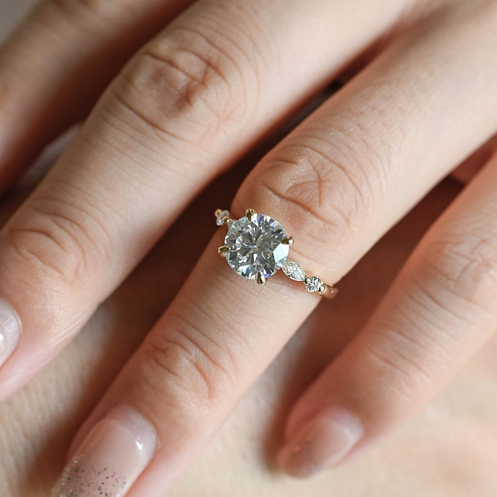SquareJewelry round cut moissanite engagement ring Solid Gold Round Cut Moissanite Engagement Ring with Accent Marquise