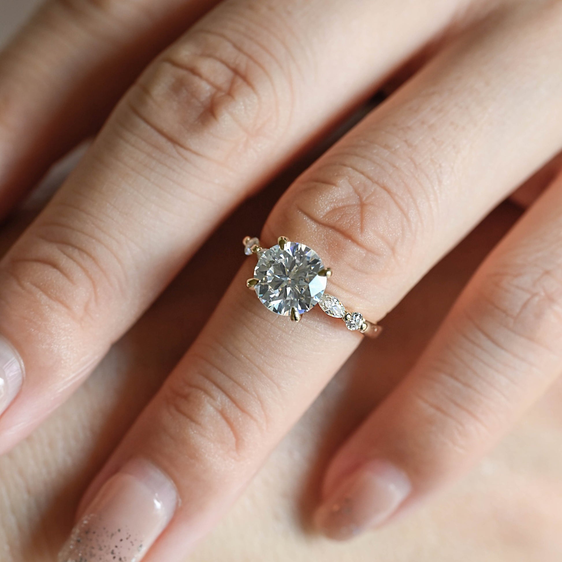 SquareJewelry round cut moissanite engagement ring Solid Gold Round Cut Moissanite Engagement Ring with Accent Marquise