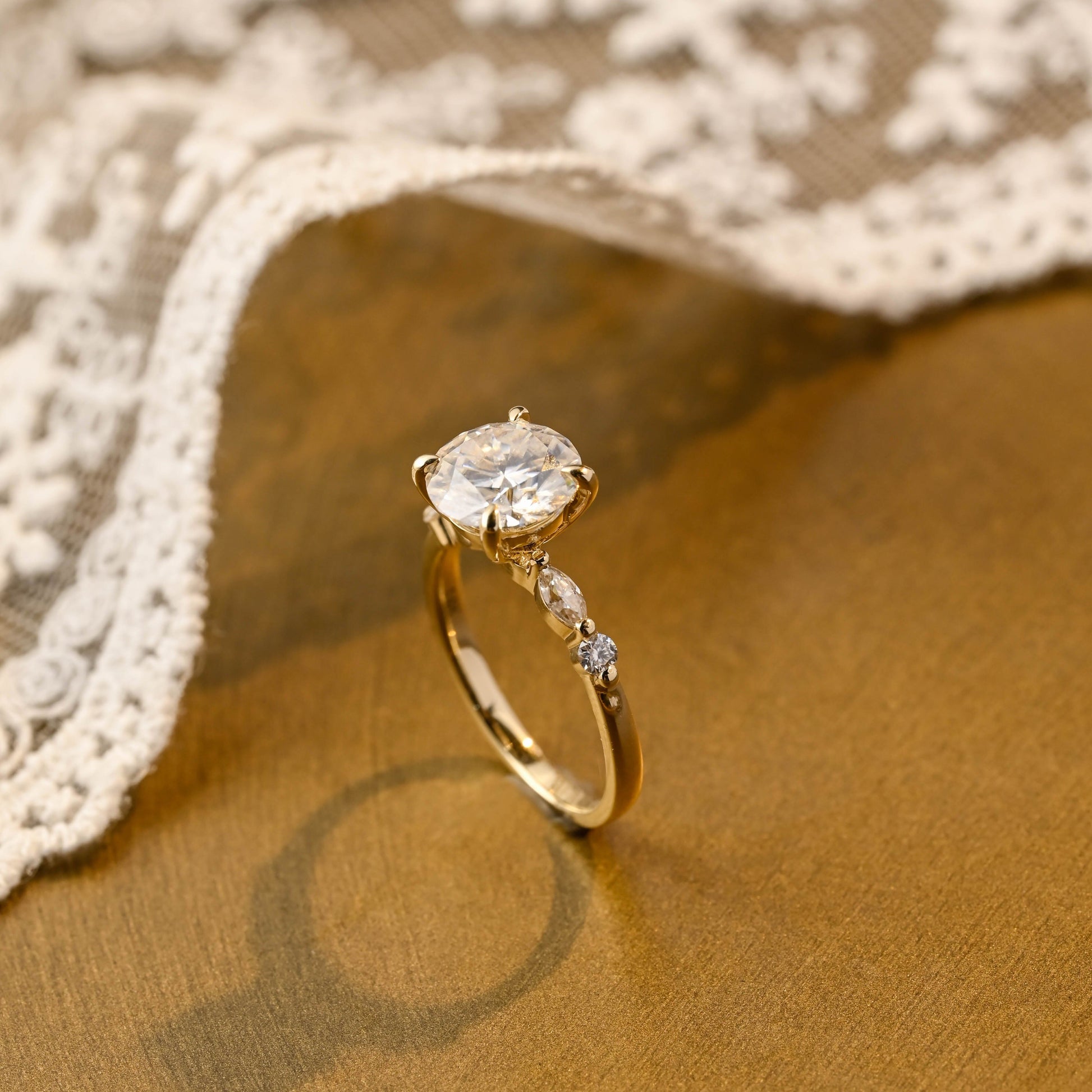 SquareJewelry round cut moissanite engagement ring Solid Gold Round Cut Moissanite Engagement Ring with Accent Marquise