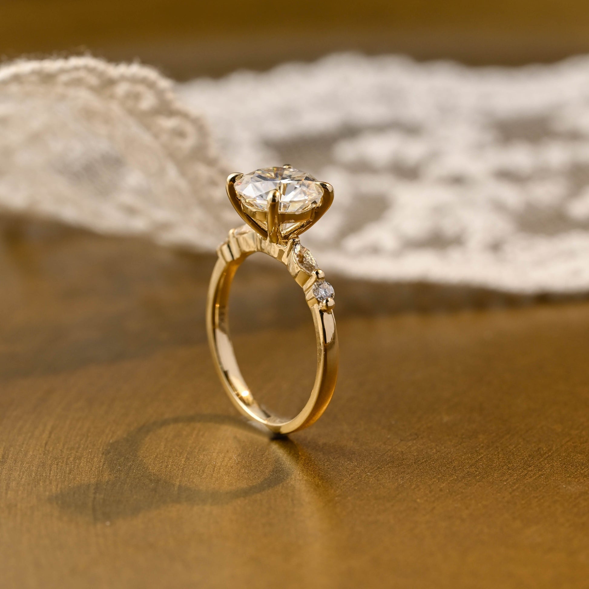 SquareJewelry round cut moissanite engagement ring Solid Gold Round Cut Moissanite Engagement Ring with Accent Marquise