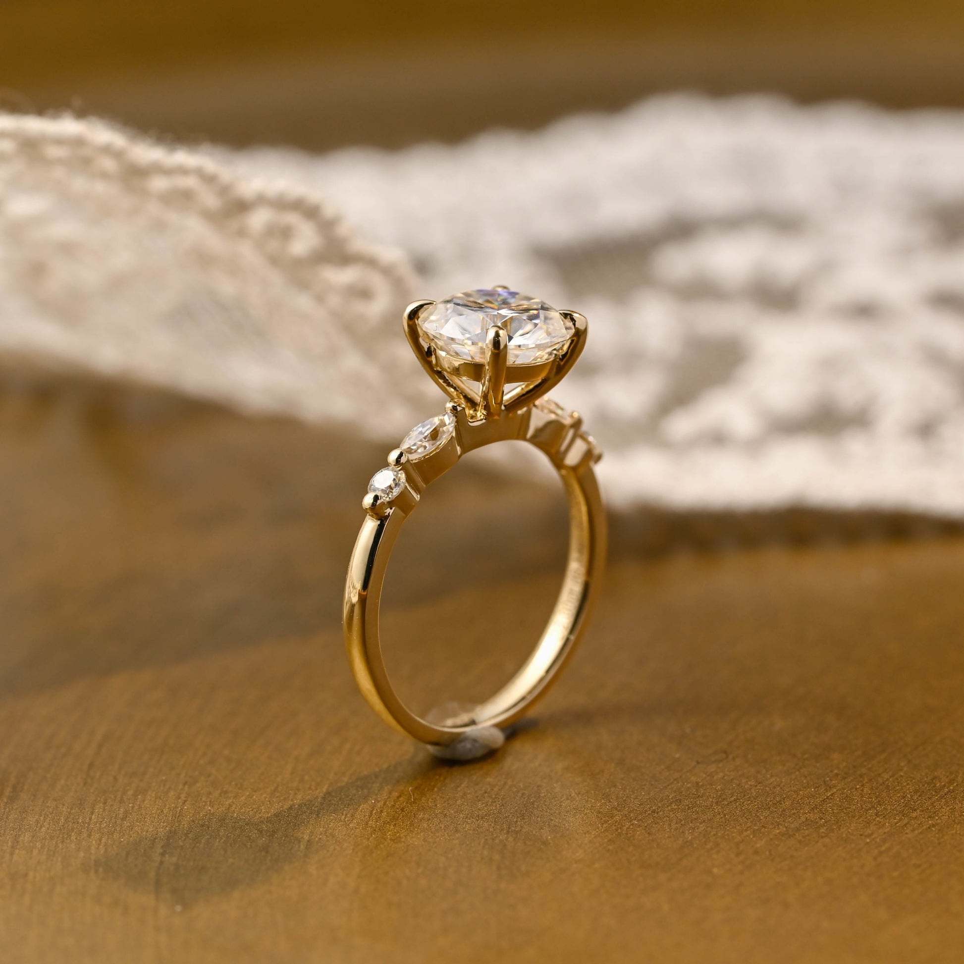 SquareJewelry round cut moissanite engagement ring Solid Gold Round Cut Moissanite Engagement Ring with Accent Marquise