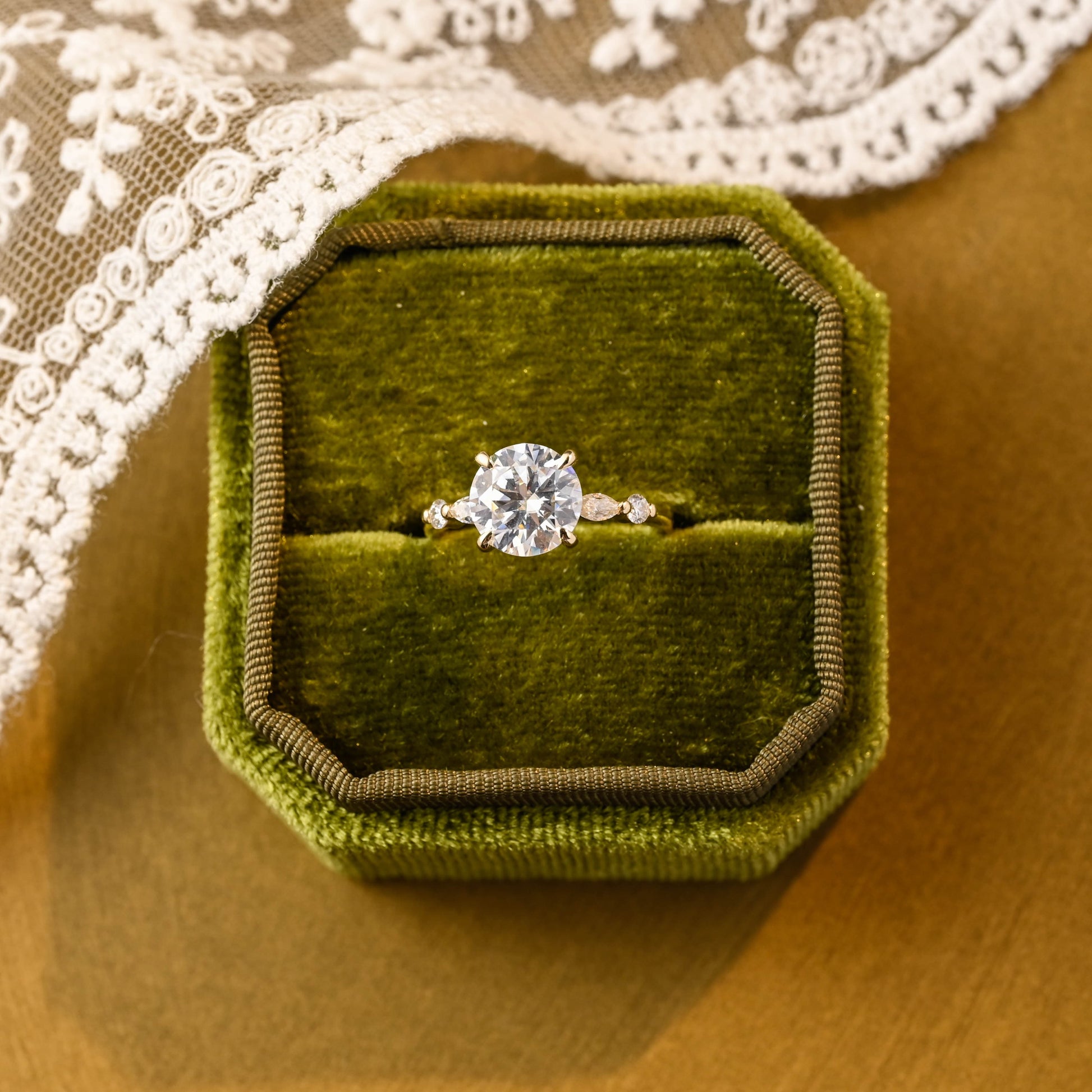 SquareJewelry round cut moissanite engagement ring Solid Gold Round Cut Moissanite Engagement Ring with Accent Marquise