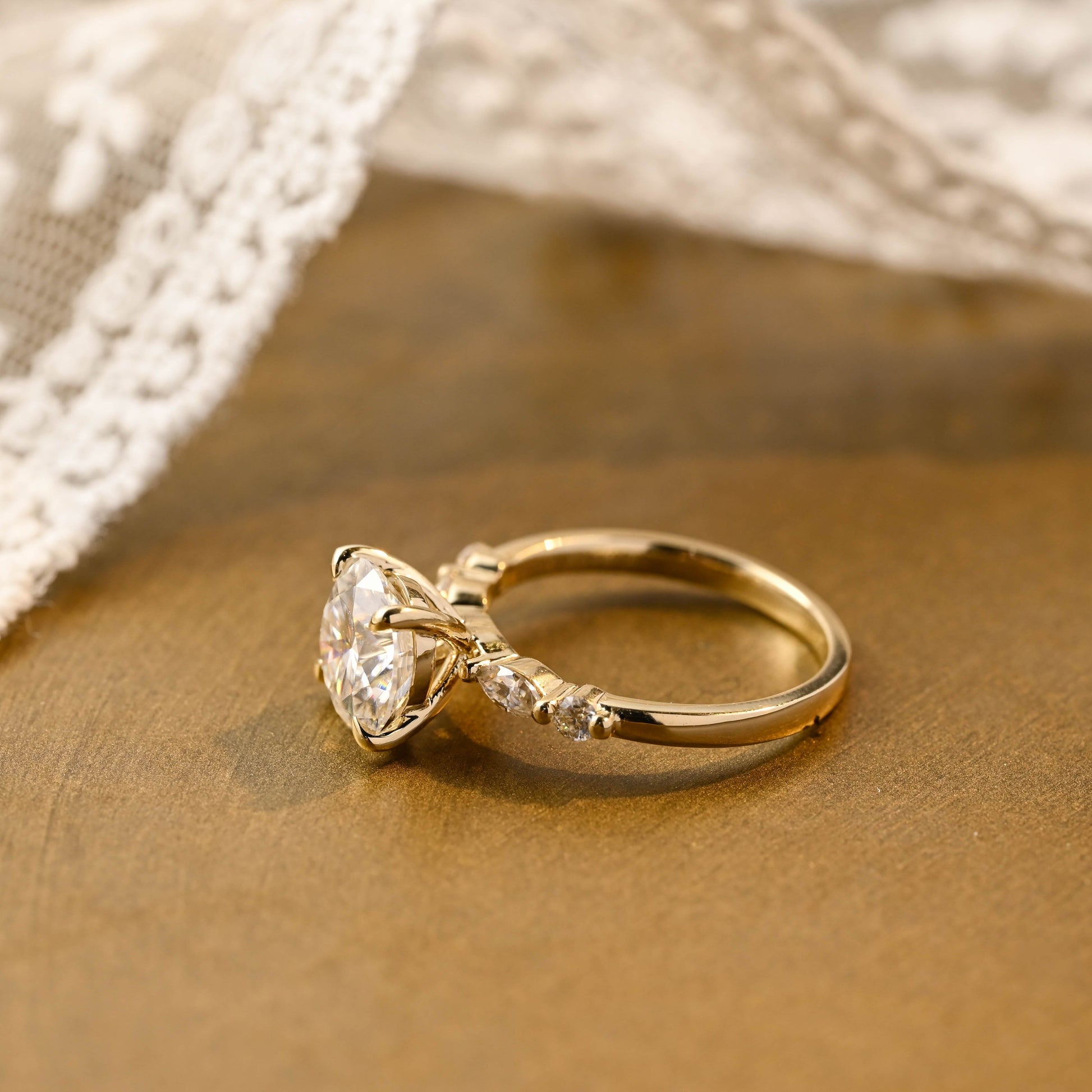 SquareJewelry round cut moissanite engagement ring Solid Gold Round Cut Moissanite Engagement Ring with Accent Marquise