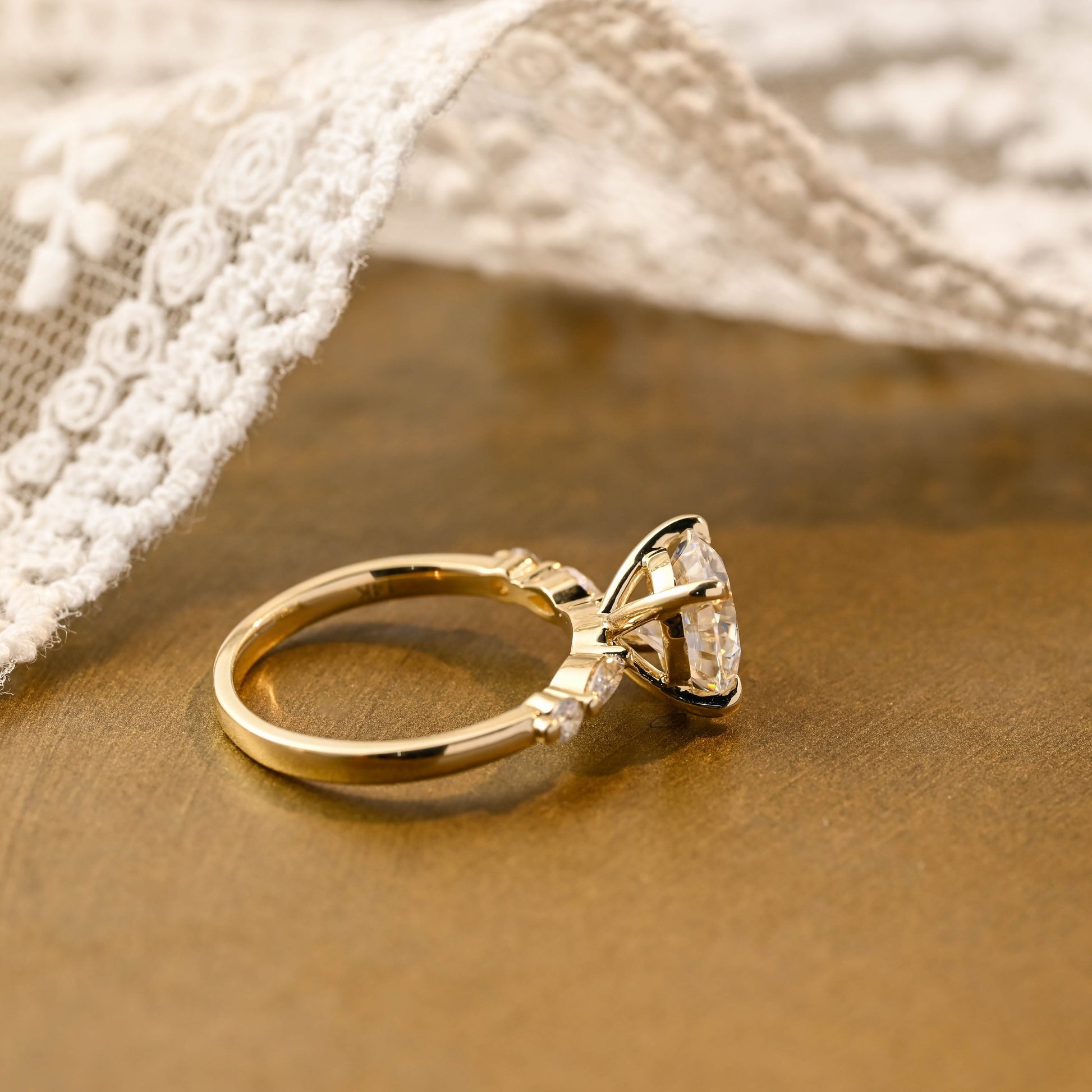 SquareJewelry round cut moissanite engagement ring Solid Gold Round Cut Moissanite Engagement Ring with Accent Marquise