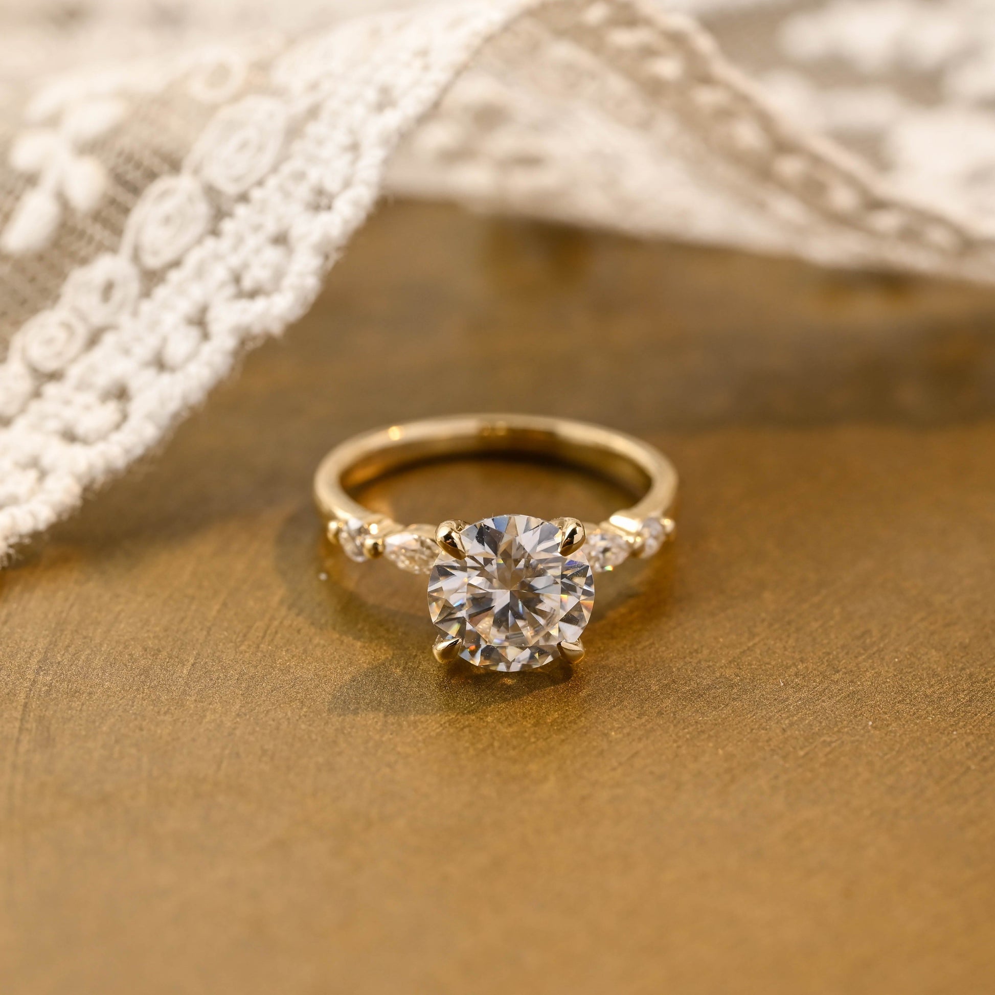 SquareJewelry round cut moissanite engagement ring Solid Gold Round Cut Moissanite Engagement Ring with Accent Marquise