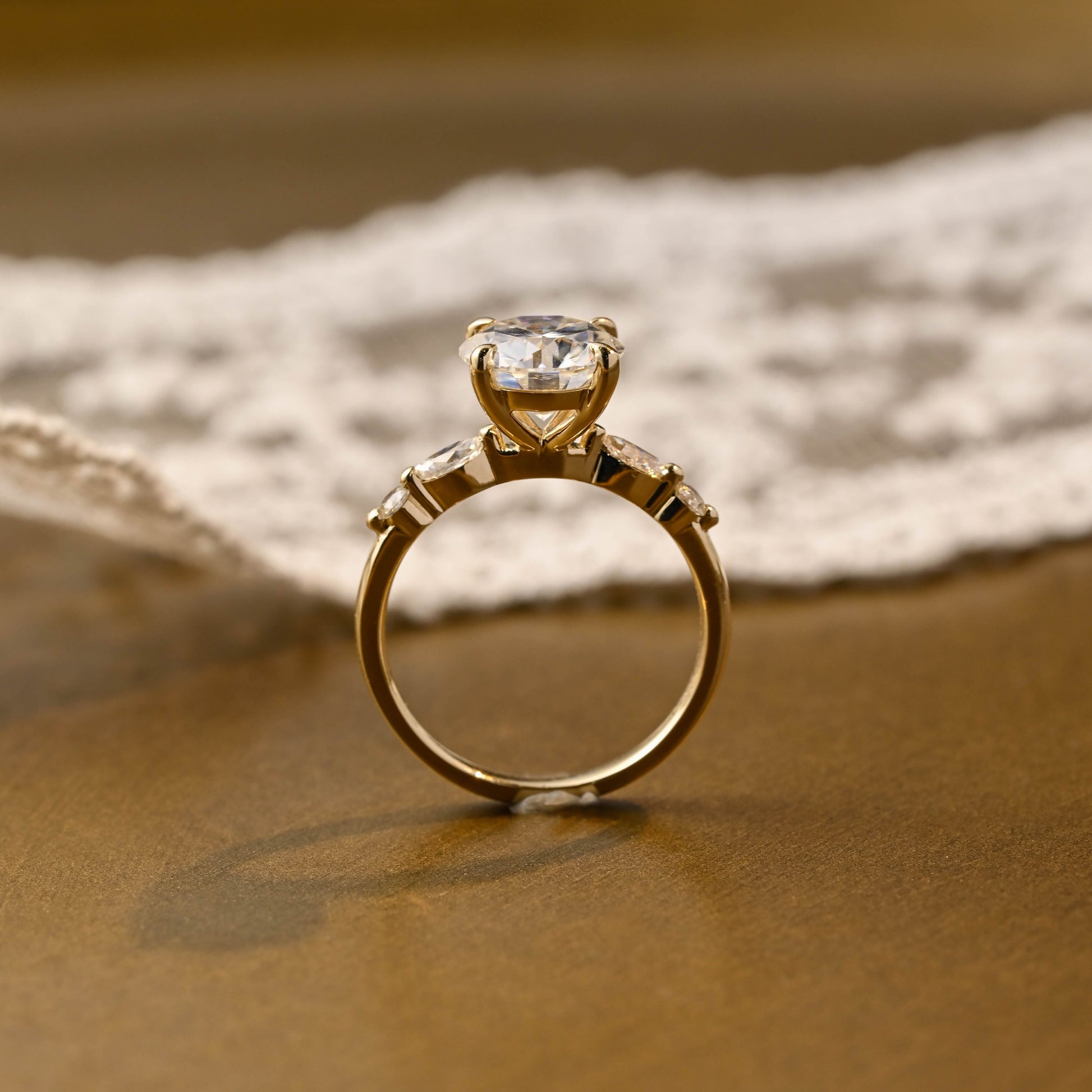 SquareJewelry round cut moissanite engagement ring Solid Gold Round Cut Moissanite Engagement Ring with Accent Marquise