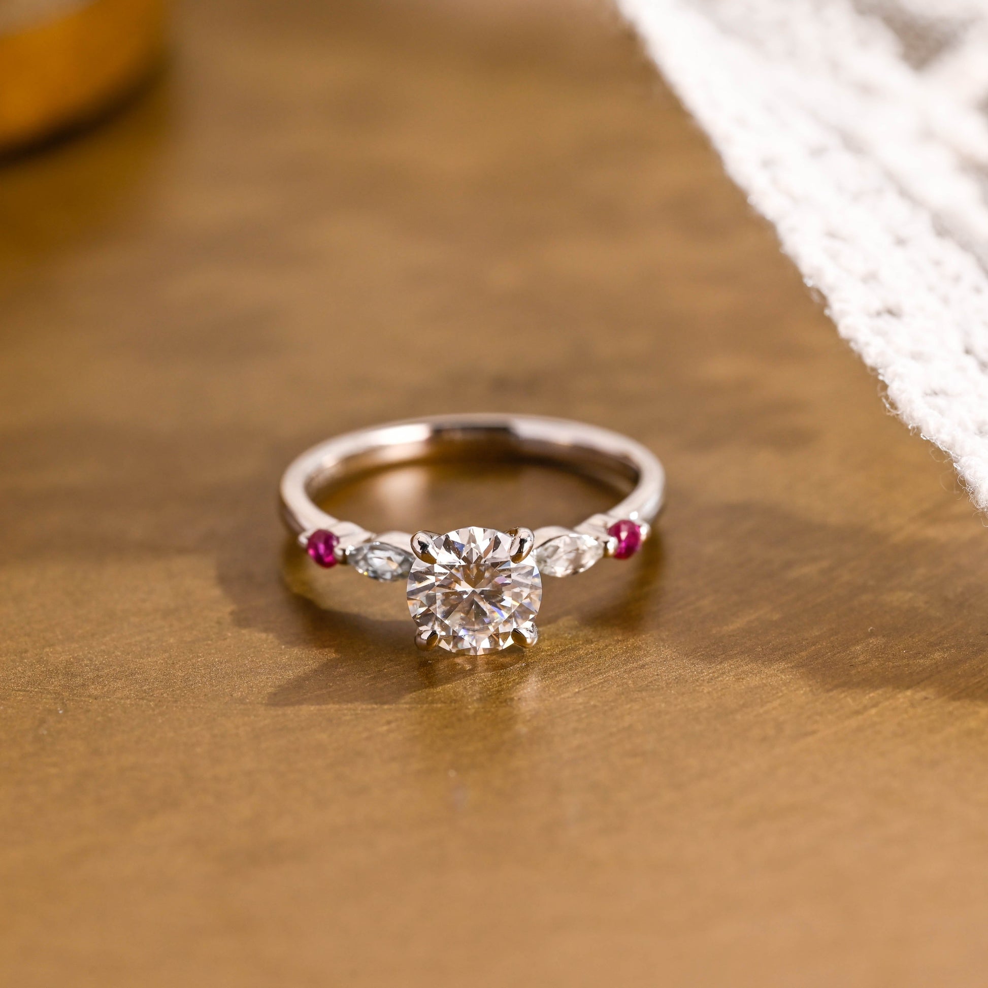 SquareJewelry round cut moissanite engagement ring Solid Gold Ruby Accent Round Cut Moissanite Engagement Ring