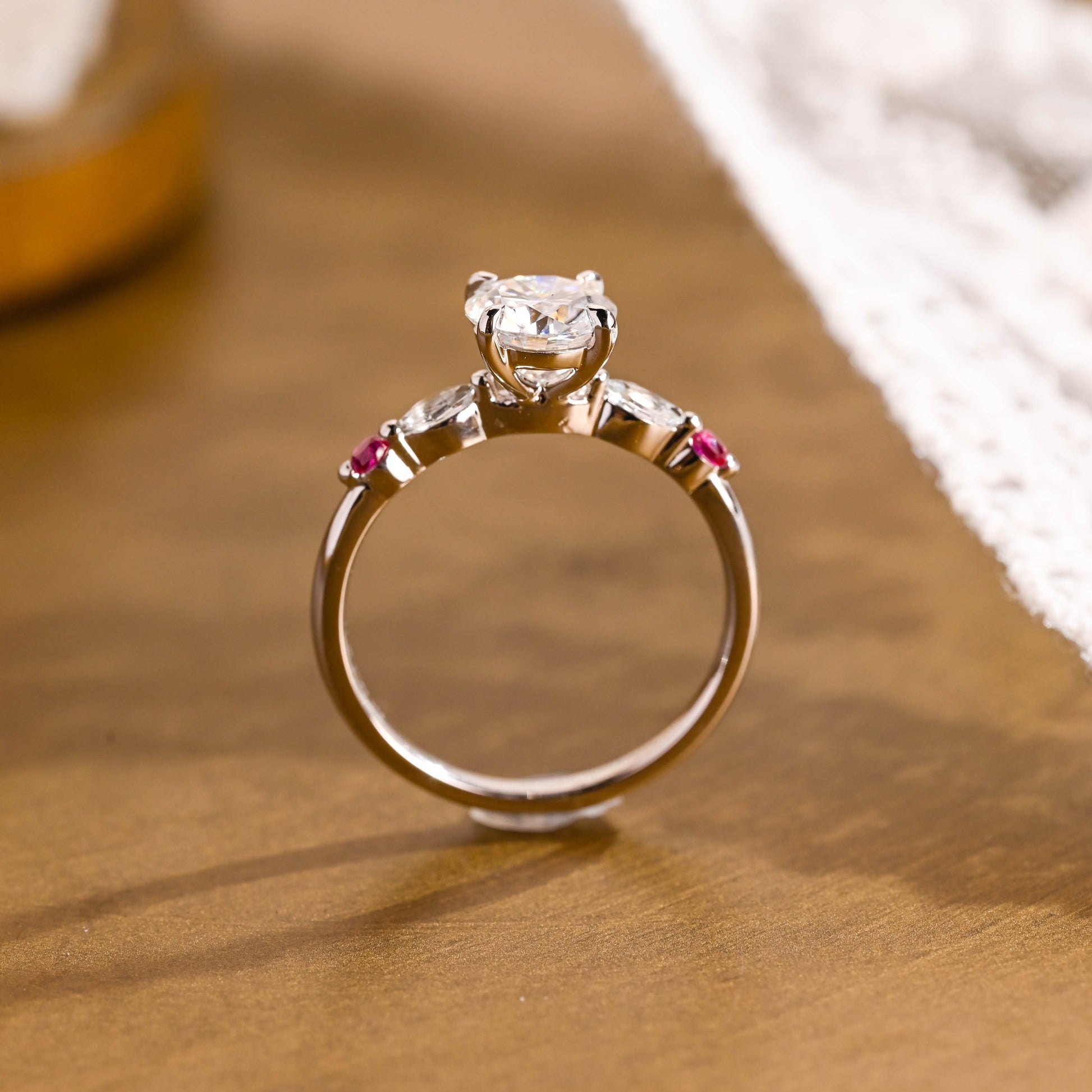SquareJewelry round cut moissanite engagement ring Solid Gold Ruby Accent Round Cut Moissanite Engagement Ring