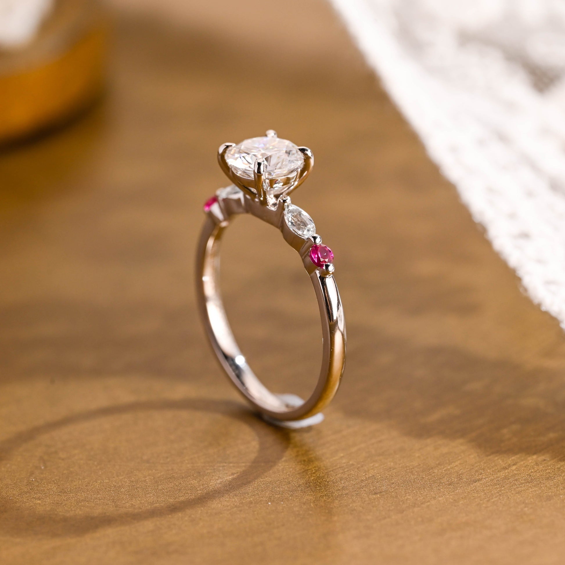 SquareJewelry round cut moissanite engagement ring Solid Gold Ruby Accent Round Cut Moissanite Engagement Ring