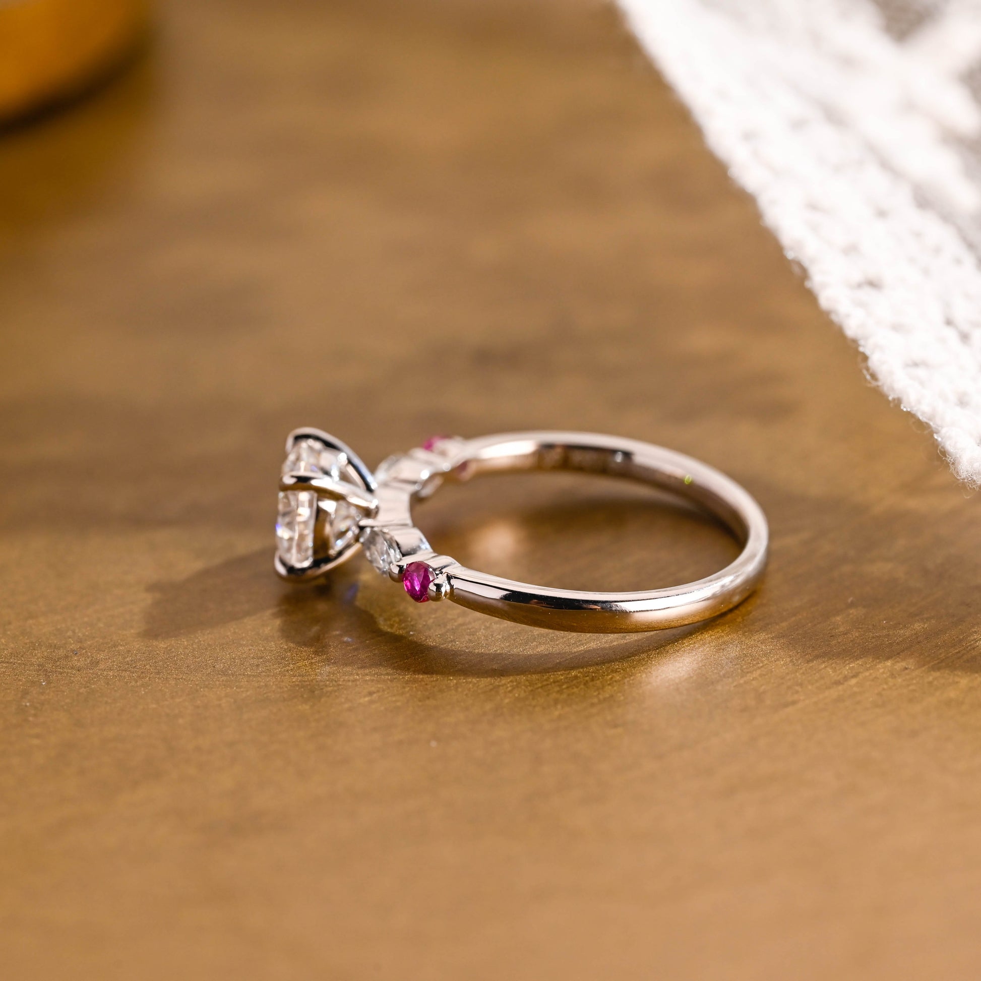 SquareJewelry round cut moissanite engagement ring Solid Gold Ruby Accent Round Cut Moissanite Engagement Ring