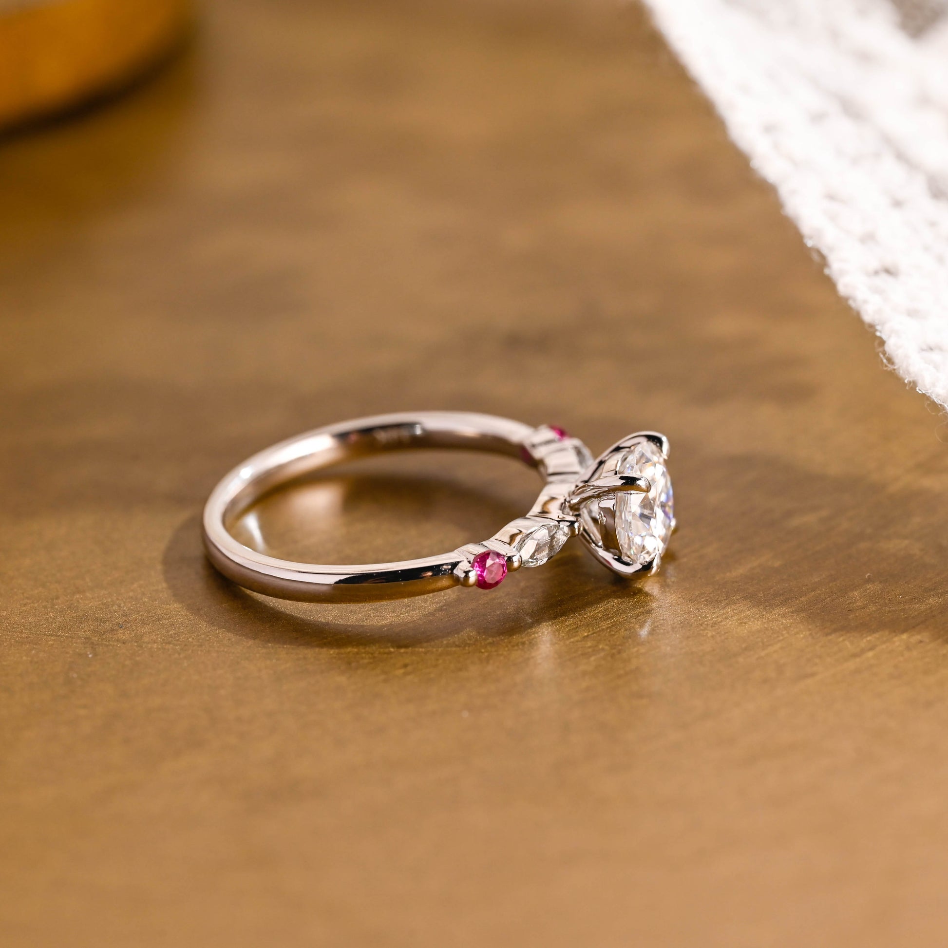 SquareJewelry round cut moissanite engagement ring Solid Gold Ruby Accent Round Cut Moissanite Engagement Ring