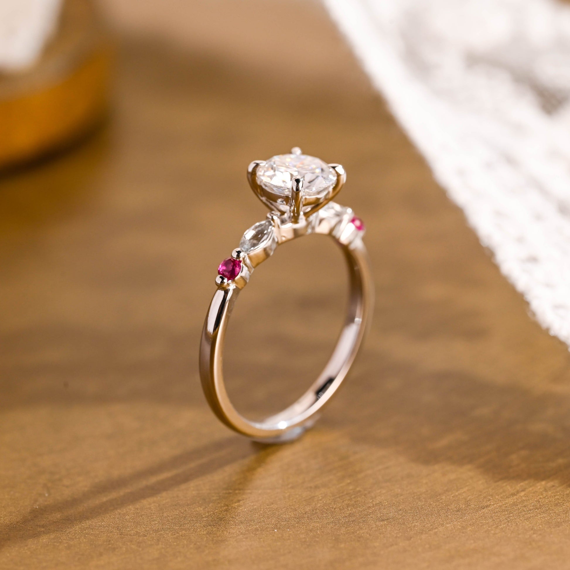 SquareJewelry round cut moissanite engagement ring Solid Gold Ruby Accent Round Cut Moissanite Engagement Ring
