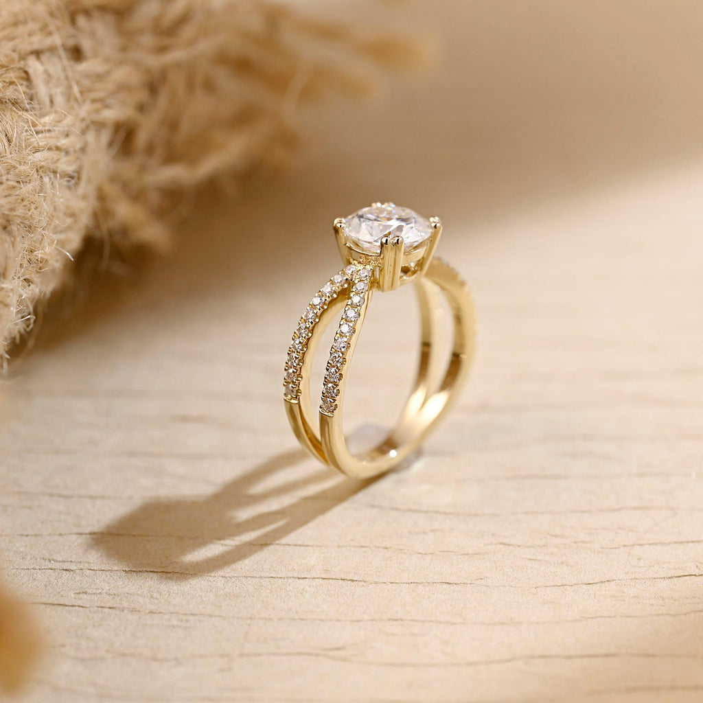 SquareJewelry round cut moissanite engagement ring Solid Gold Split Shank Prongs Round Moissanite Engagement Ring