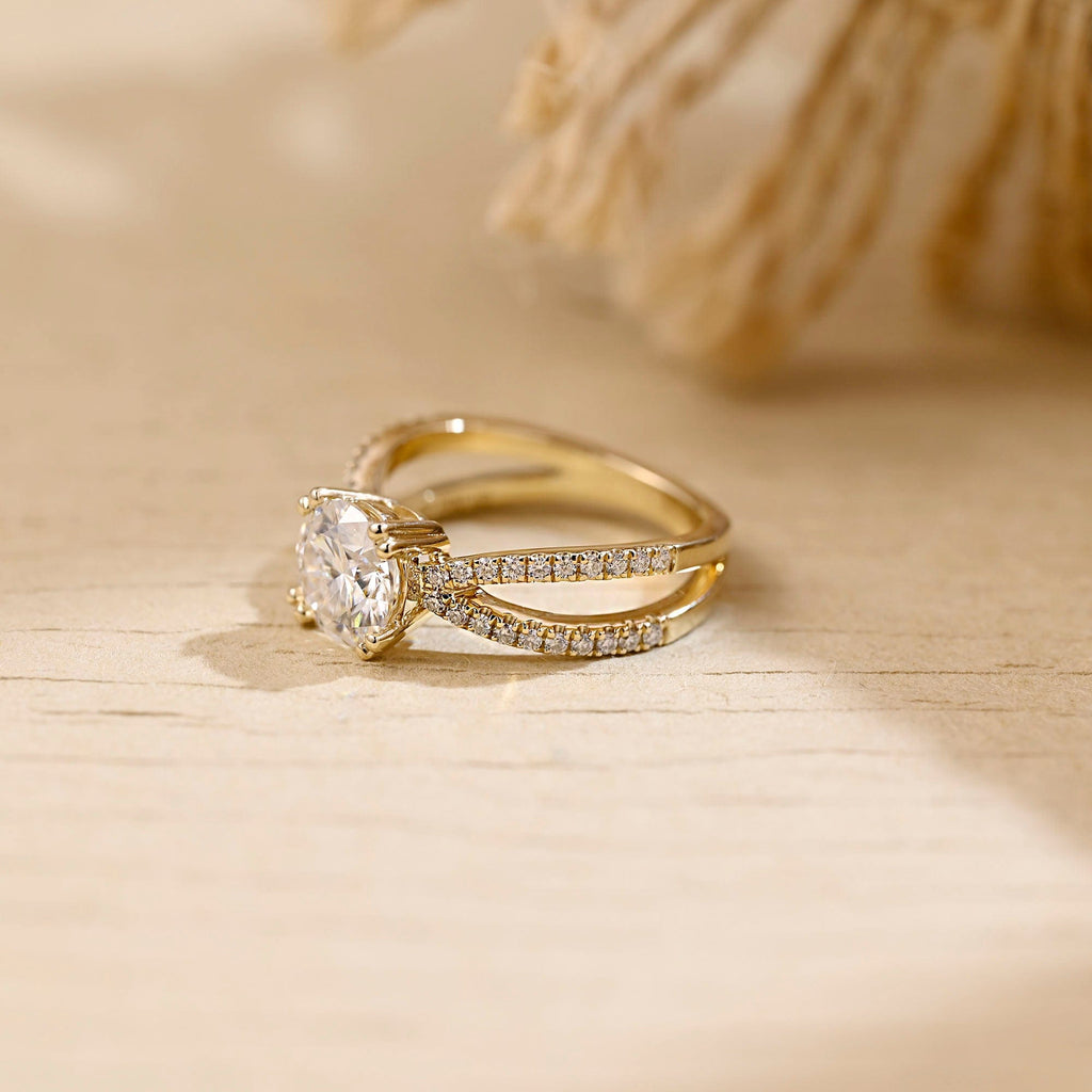 SquareJewelry round cut moissanite engagement ring Solid Gold Split Shank Prongs Round Moissanite Engagement Ring