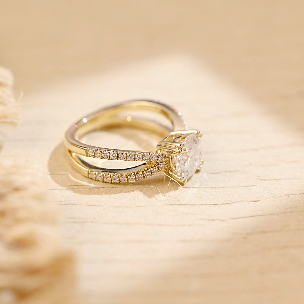 SquareJewelry round cut moissanite engagement ring Solid Gold Split Shank Prongs Round Moissanite Engagement Ring