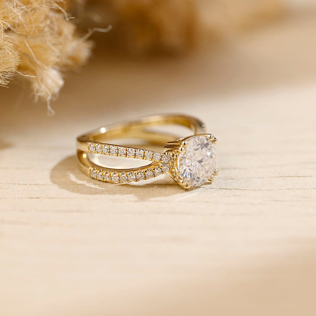 SquareJewelry round cut moissanite engagement ring Solid Gold Split Shank Prongs Round Moissanite Engagement Ring